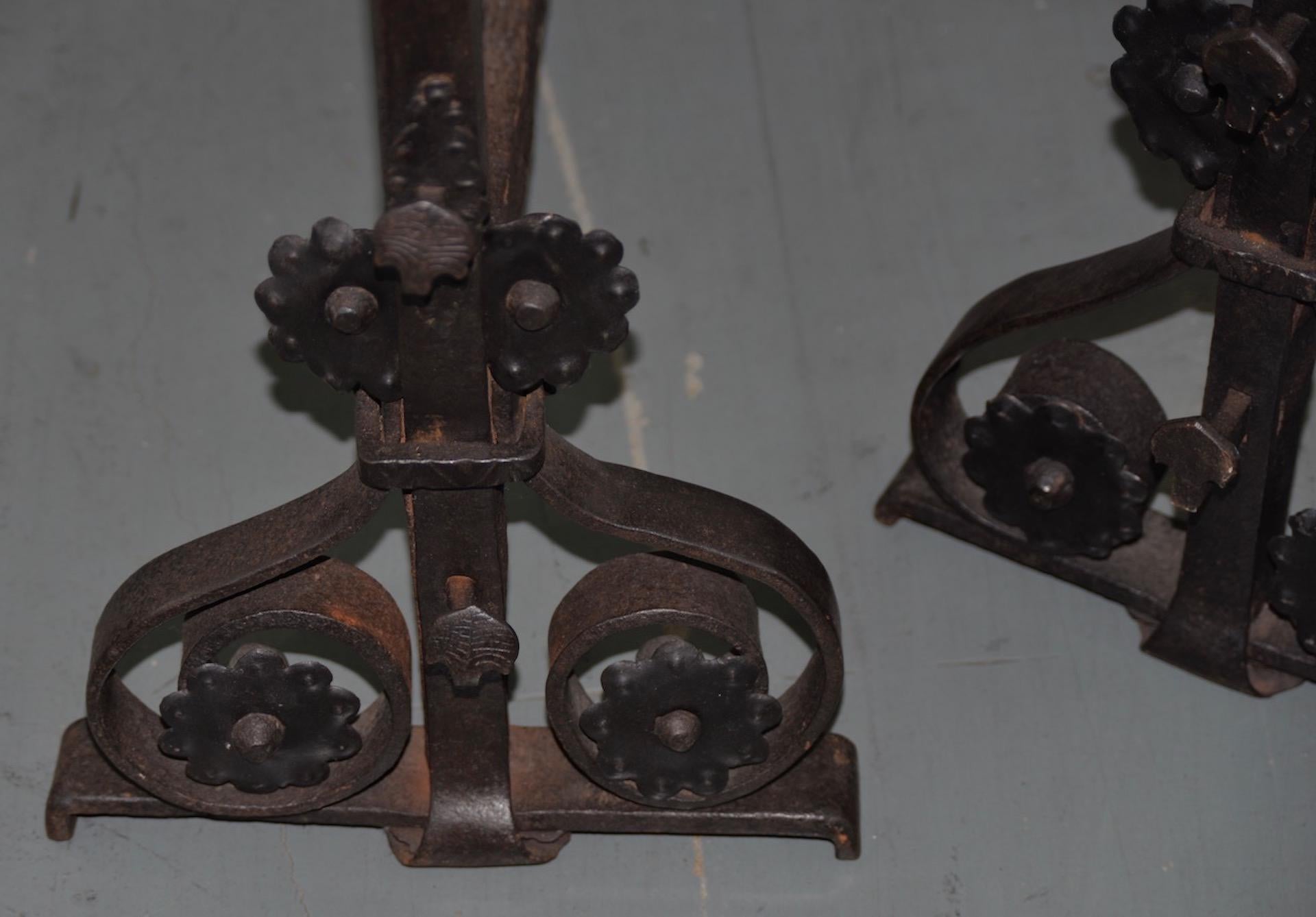 American 19th Century Hand Forged Wrought Iron Andirons