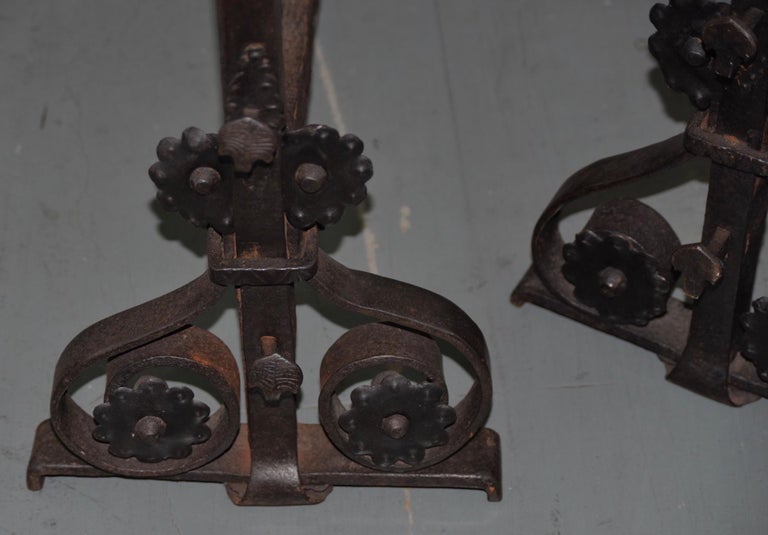 19th Century Hand Forged Wrought Iron Andirons In Good Condition For Sale In San Francisco, CA