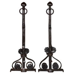 19th Century Hand Forged Wrought Iron Andirons