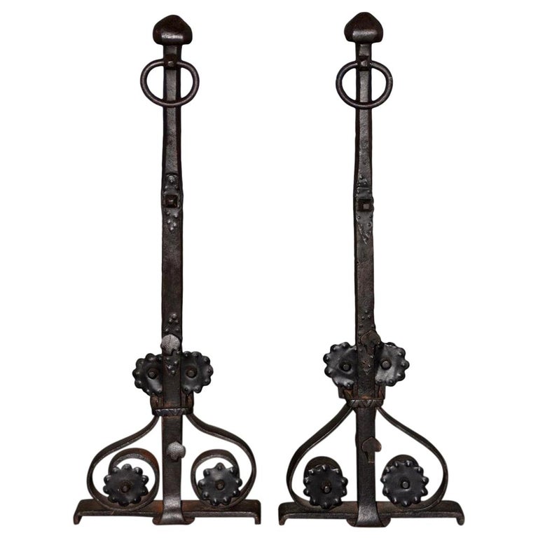 19th Century Hand Forged Wrought Iron Andirons For Sale
