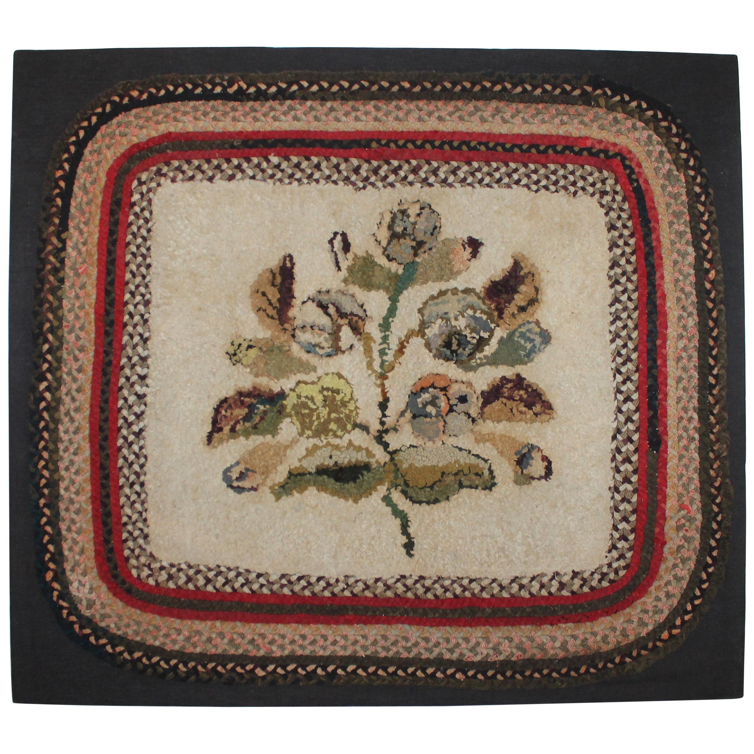 19th Century Hand Hooked Folky Floral Rug Mounted with Braided Border