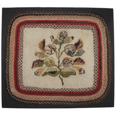 19th Century Hand Hooked Folky Floral Rug Mounted with Braided Border