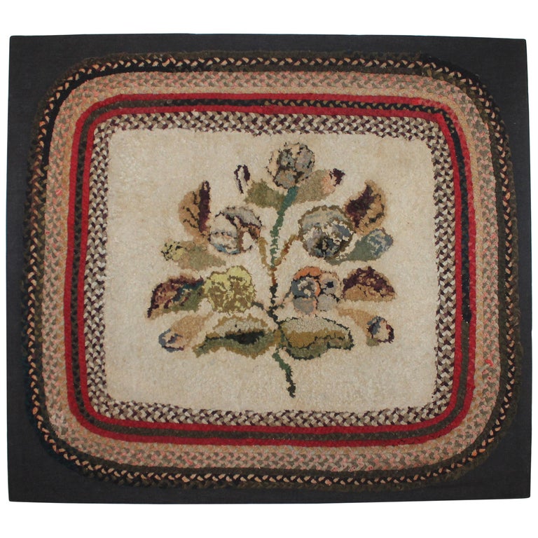 Filded Hanging Rug 19th Century Hand Hooked Folky Floral Rug Mounted with Braided Border ...