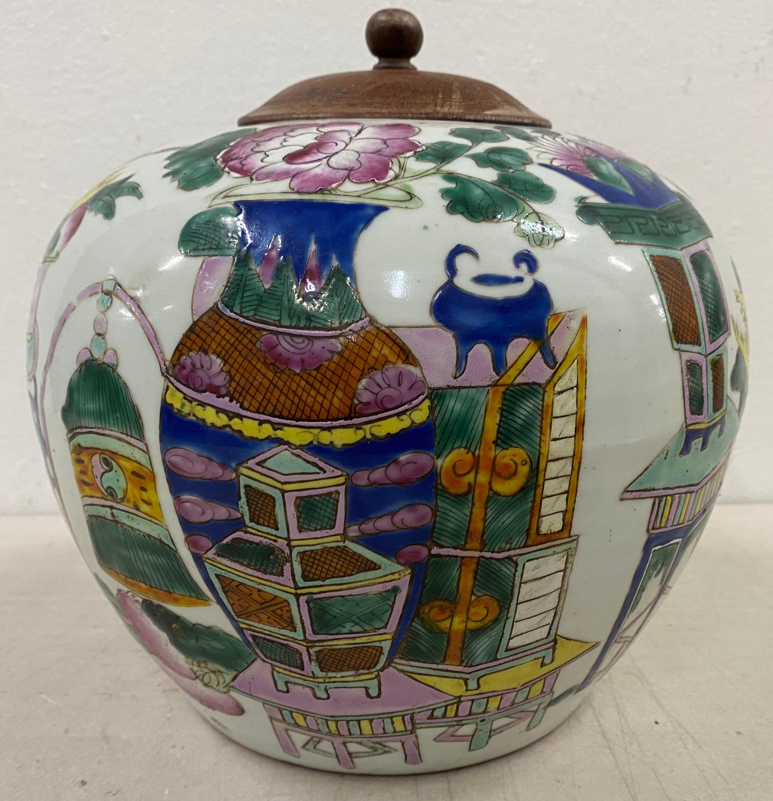 19th century hand incised and painted ginger jar

Outstanding hand made ginger jar with a variety of different motifs that include geometric patterns, peaches, Chrysanthemum's, moths, lotus, etc.

The jar has a later rosewood lid and sits atop a