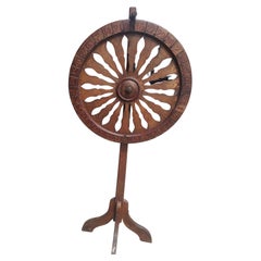 Antique 19th Century Hand Made Folk Art Carnival Spinning Wheel On Stand 