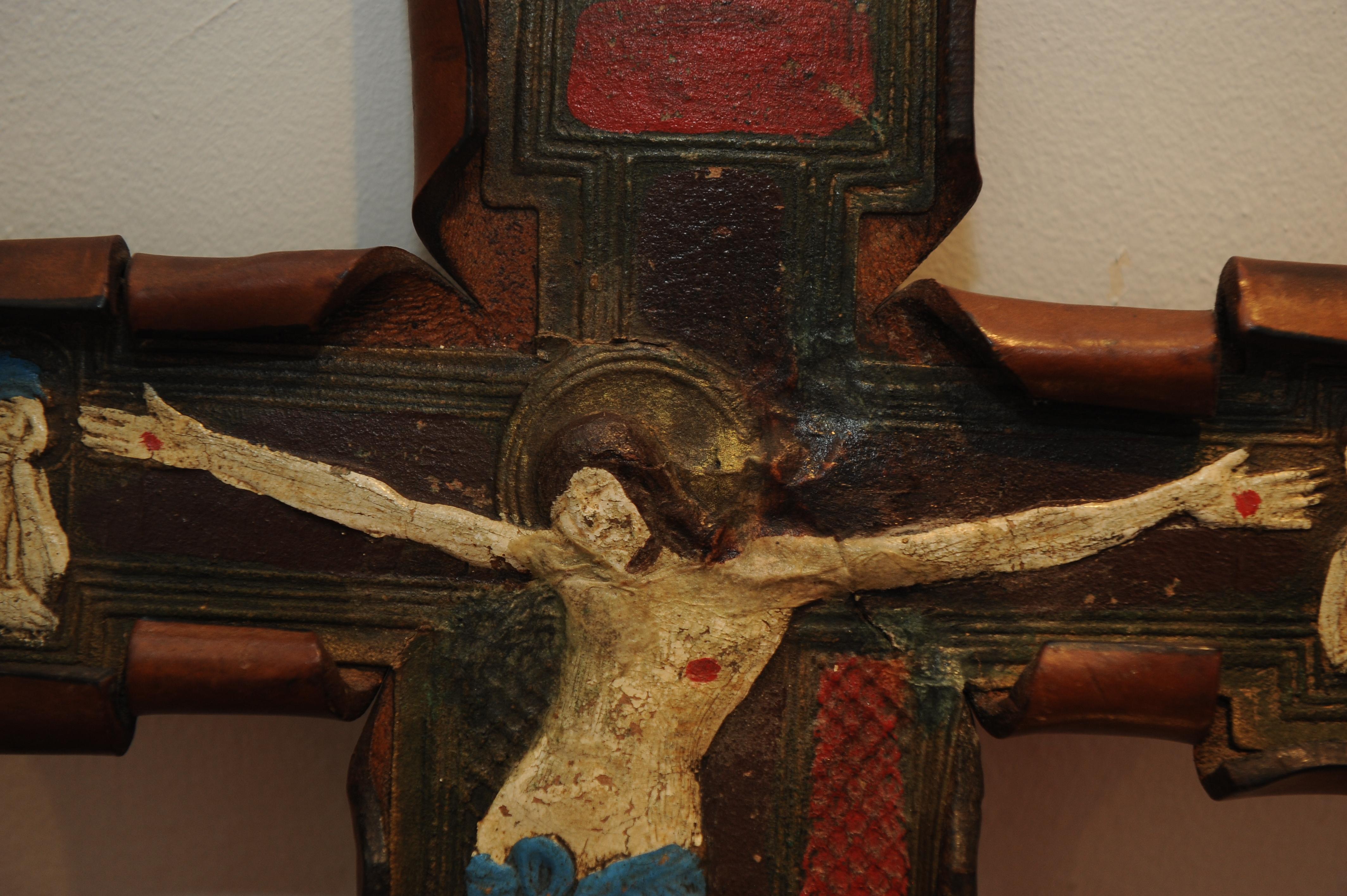 British 19th Century Hand Made Leather Folk Art Crucifix Hand Painted Jesus Crucifix
