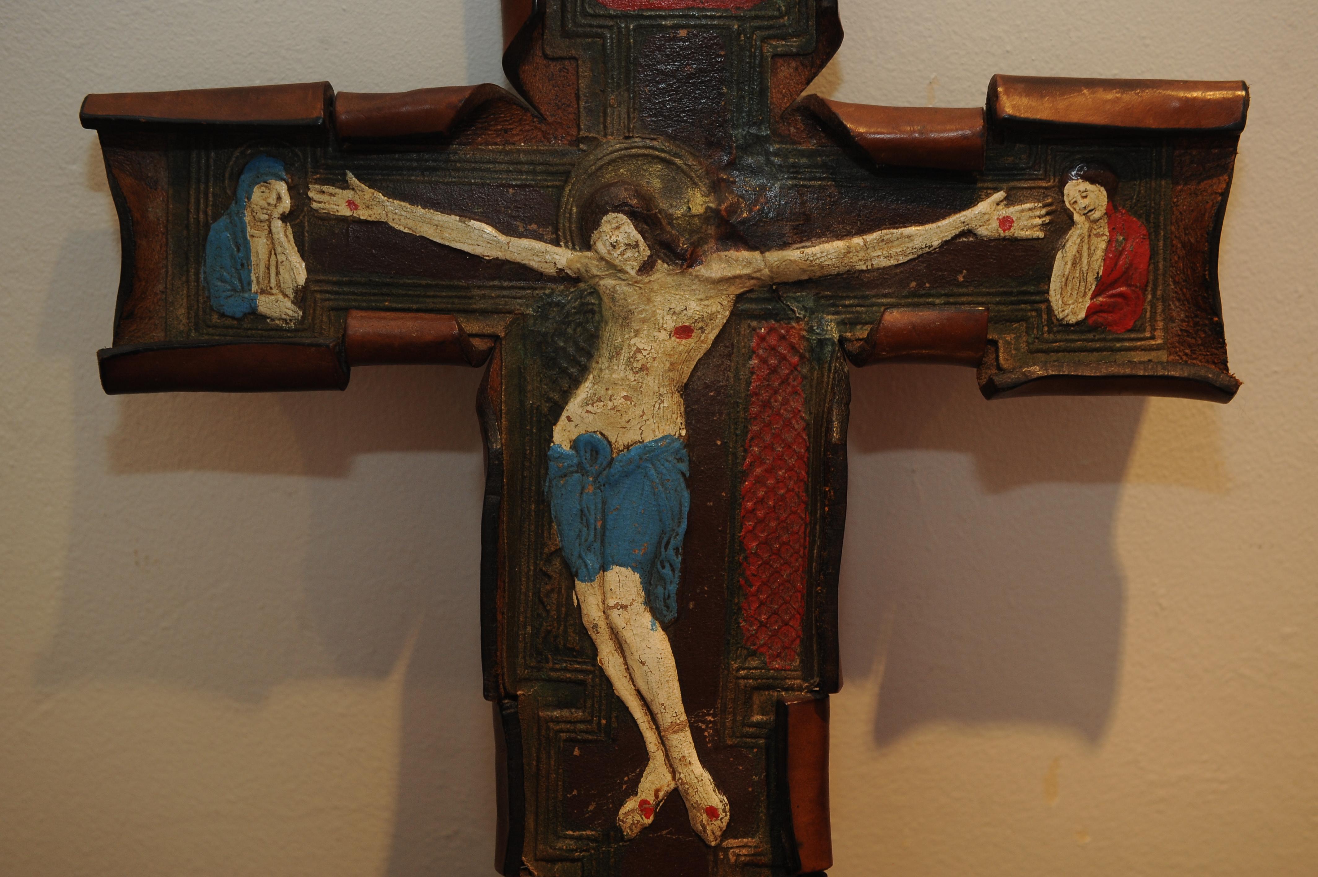 Hand-Crafted 19th Century Hand Made Leather Folk Art Crucifix Hand Painted Jesus Crucifix