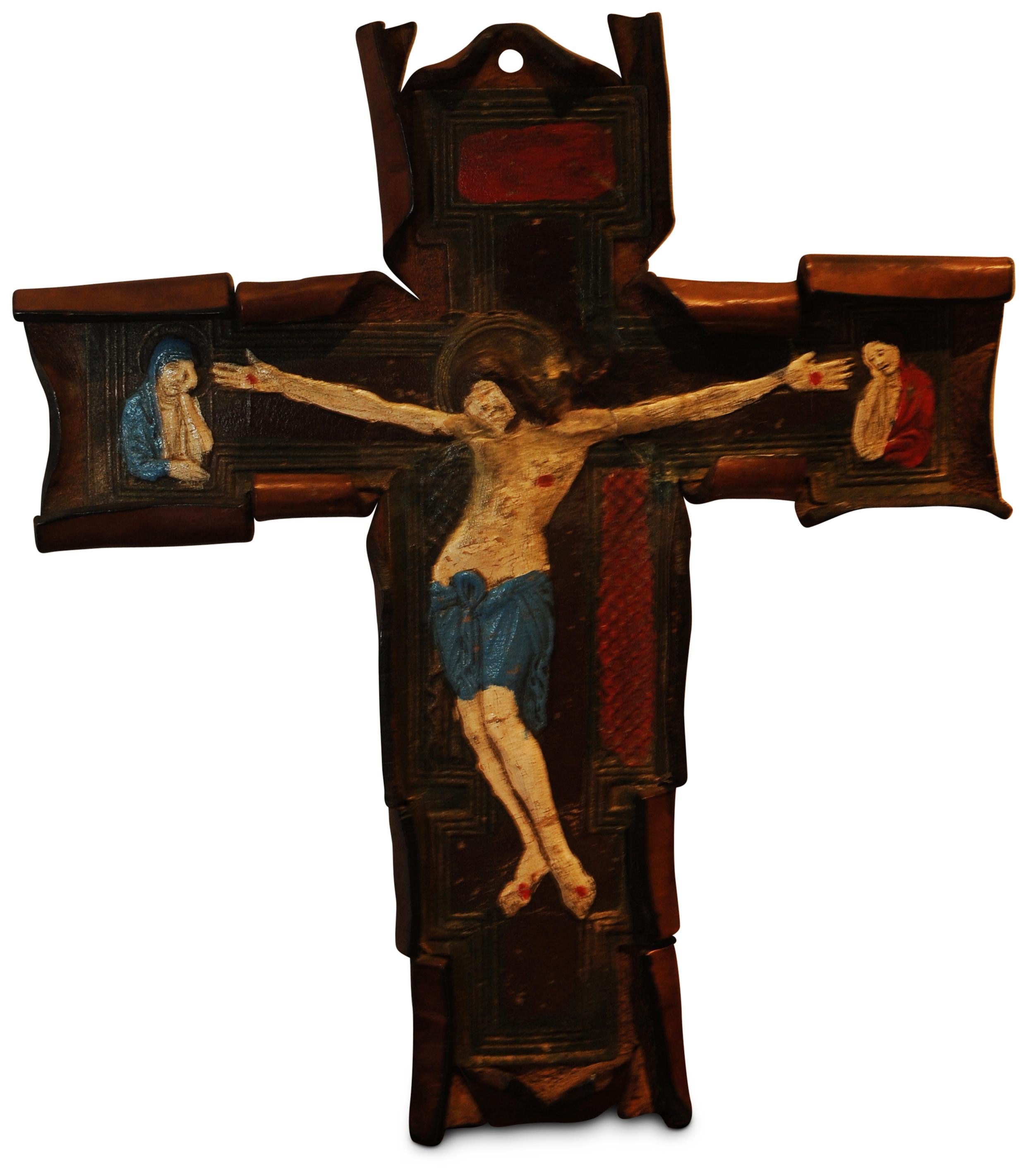 19th Century Hand Made Leather Folk Art Crucifix Hand Painted Jesus Crucifix In Good Condition In High Wycombe, GB
