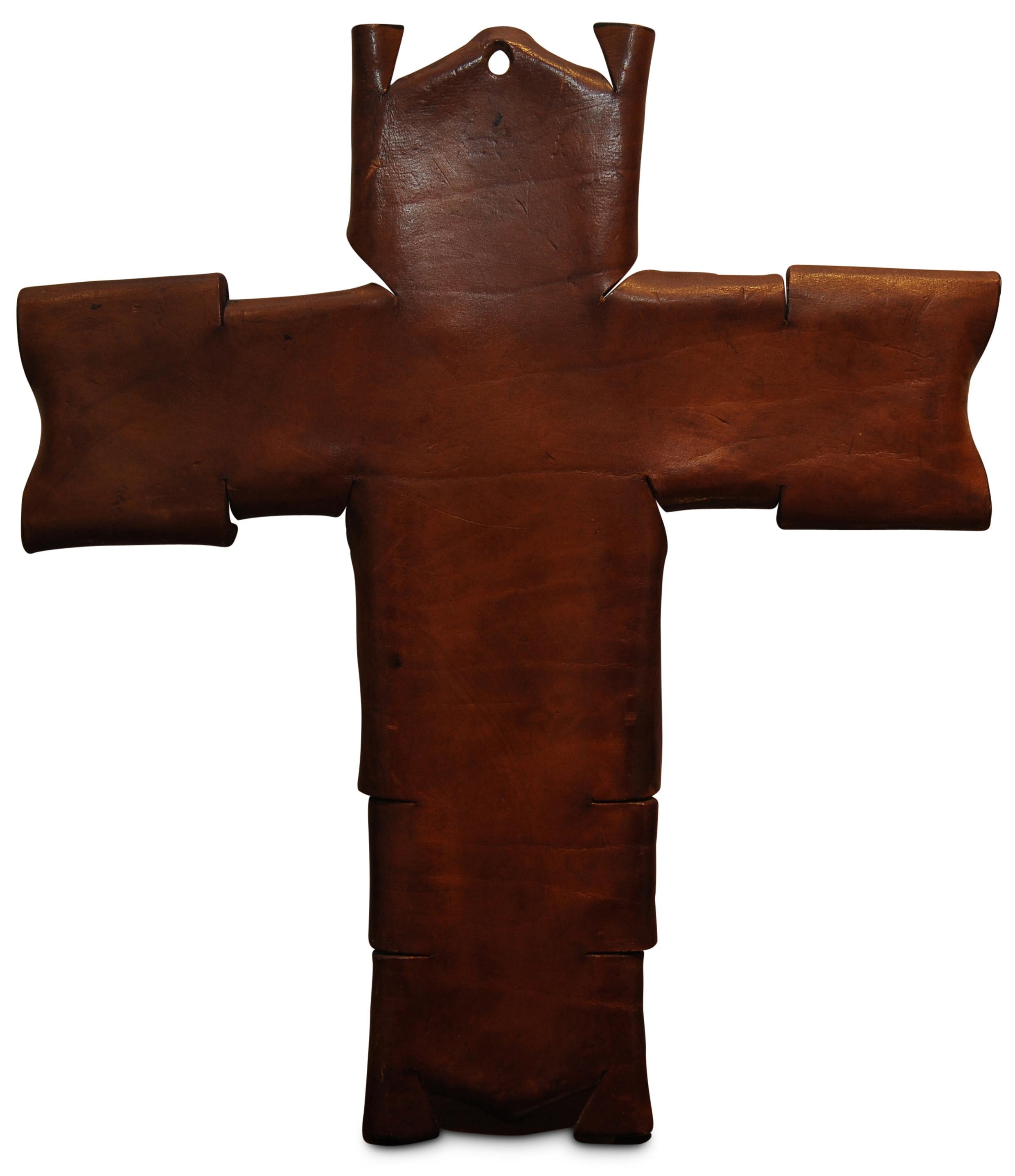 19th Century Hand Made Leather Folk Art Crucifix Hand Painted Jesus Crucifix 1