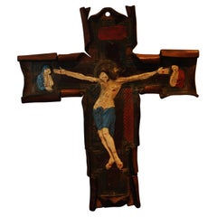19th Century Hand Made Leather Folk Art Crucifix Hand Painted Jesus Crucifix