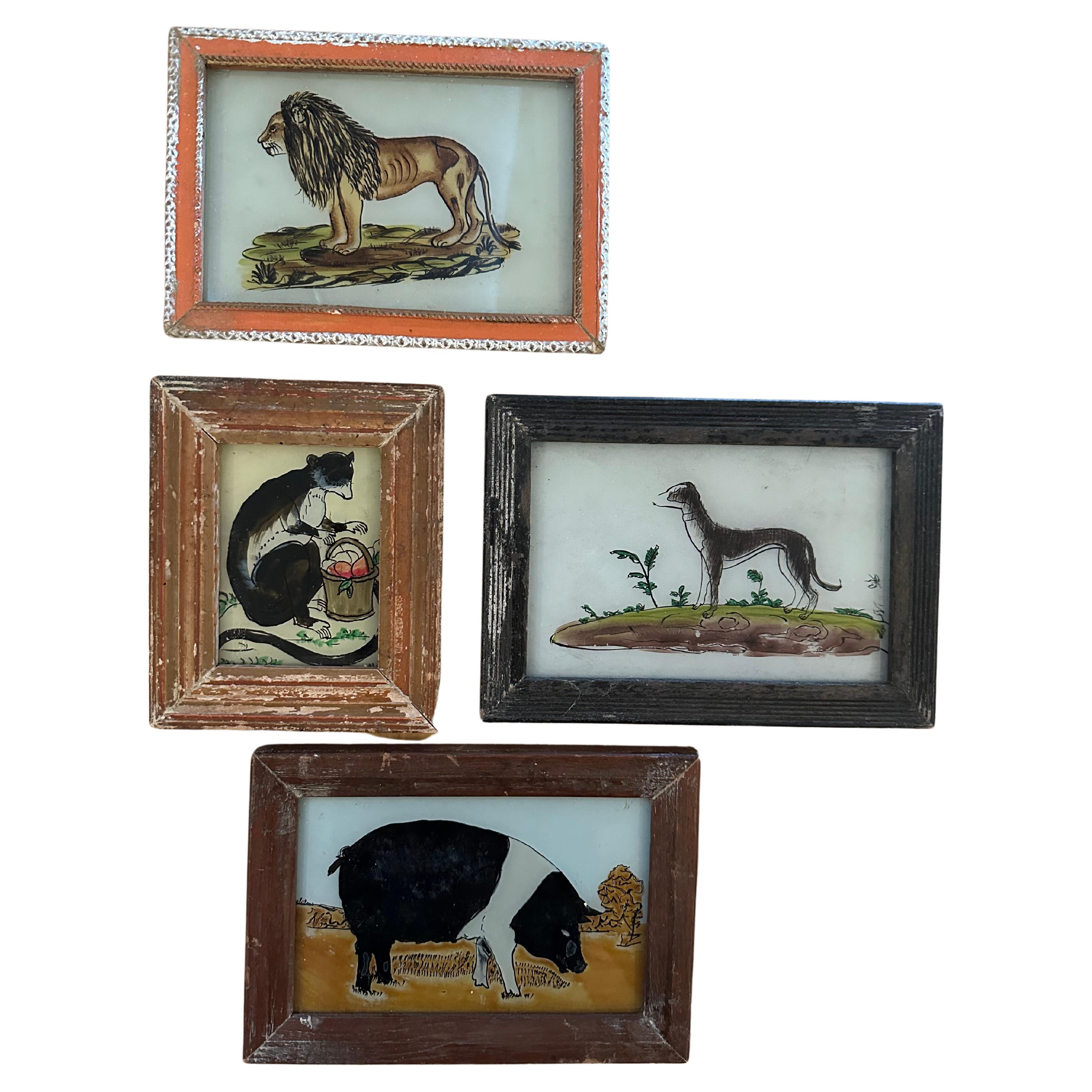 Quartetto di animali dipinti a mano del XIX secolo: Leone, maiale, cane e scimmia