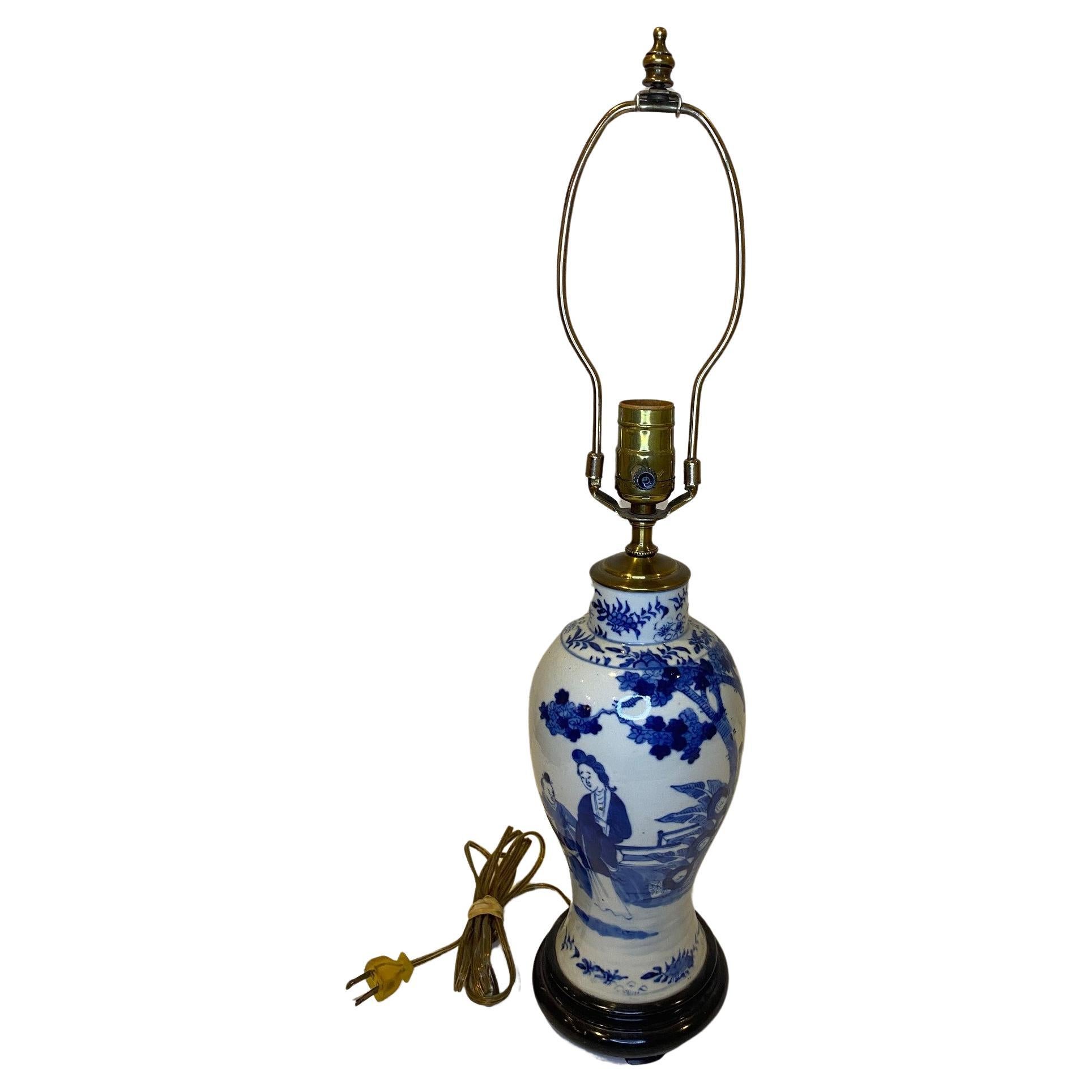 19th Century Hand Painted Blue & White Chinese Porcelain Vase Lamp For Sale