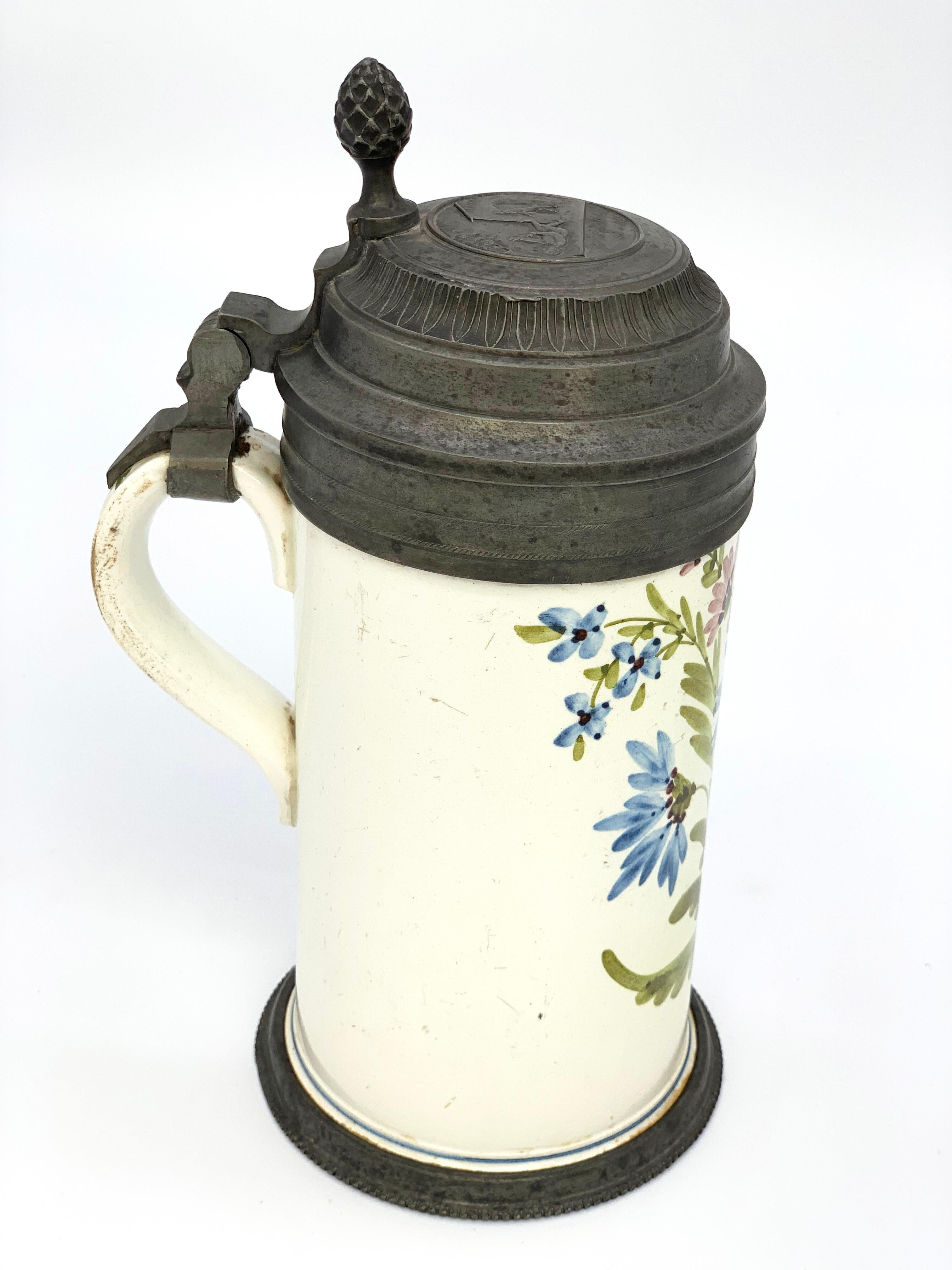 19th Century Hand Painted Ceramic Beer Mug with Tin Lid Engraved with a Bock For Sale 2