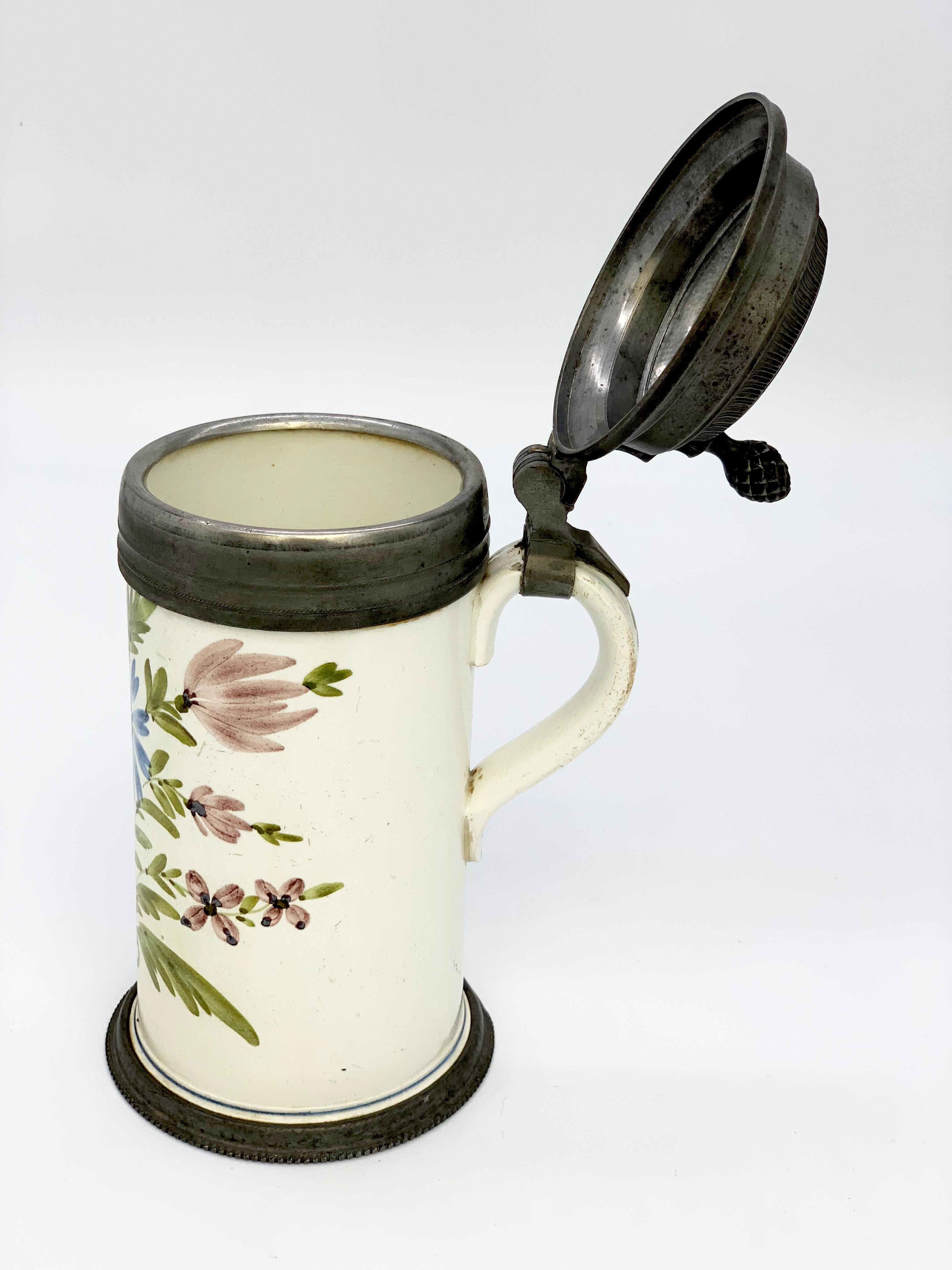 Handbemalter Keramikkrug mit Zinndeckel aus dem 19. Jahrhundert, graviert mit einem Bock im Angebot 6