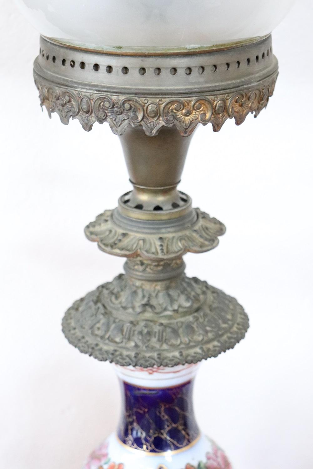 Italian 19th Century Hand Painted Ceramic Pair of Antique Oil Table Lamps