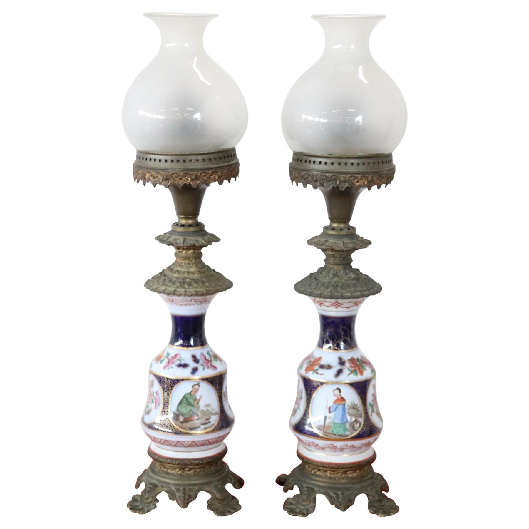 19th Century Hand Painted Ceramic Pair of Antique Oil Table Lamps
