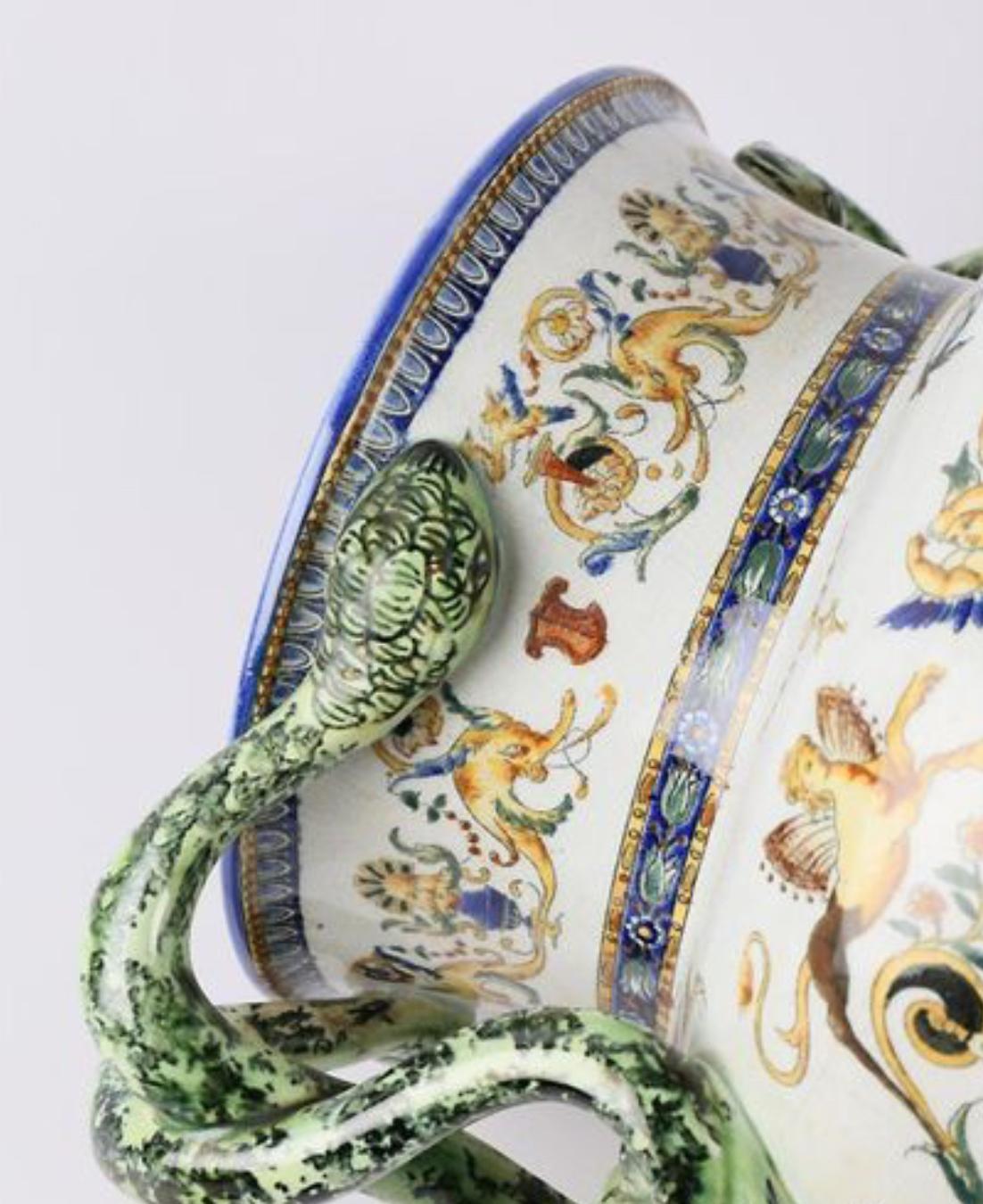 Hand-Painted 19th Century Hand Painted Ceramic Vase Decorated with Jean Bérain Cherubs For Sale