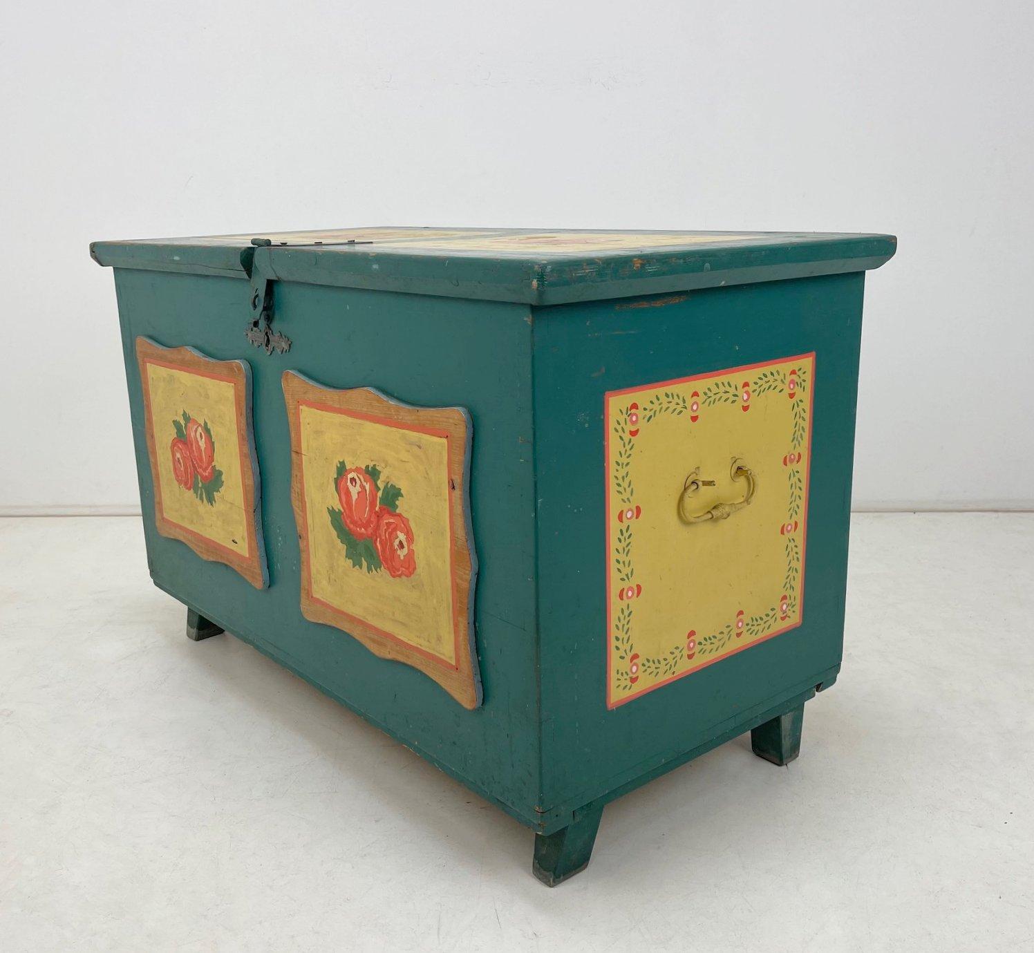 Wooden hand painted chest with folk pattern. Saved from an old mill in the former Czechoslovakia.