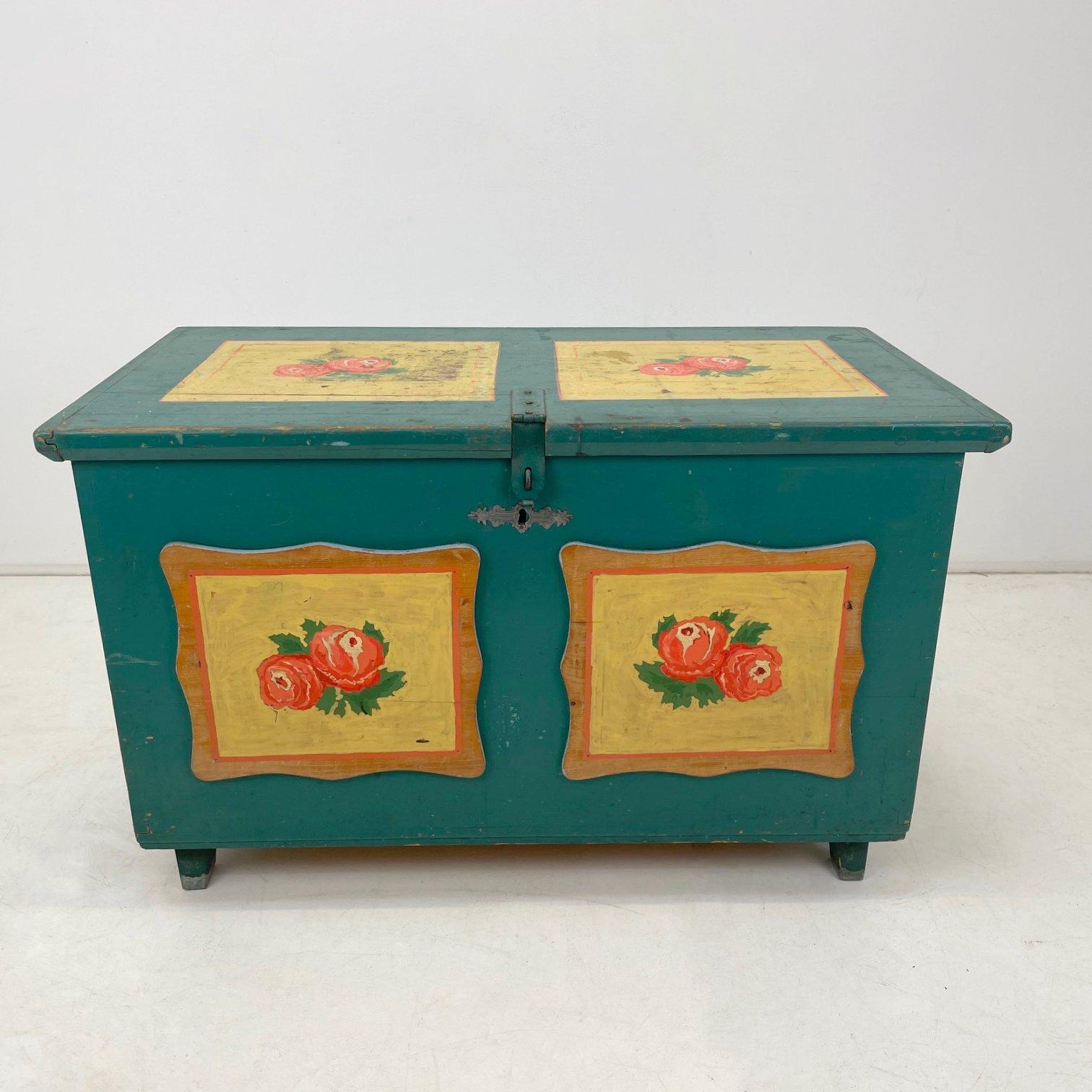 Wood 19th Century Hand Painted Chest or Floor Trunk For Sale