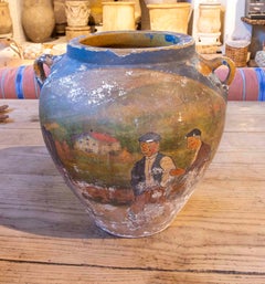 19th Century Hand-Painted Clay Amphora, Mediterranean Rustic Decor
