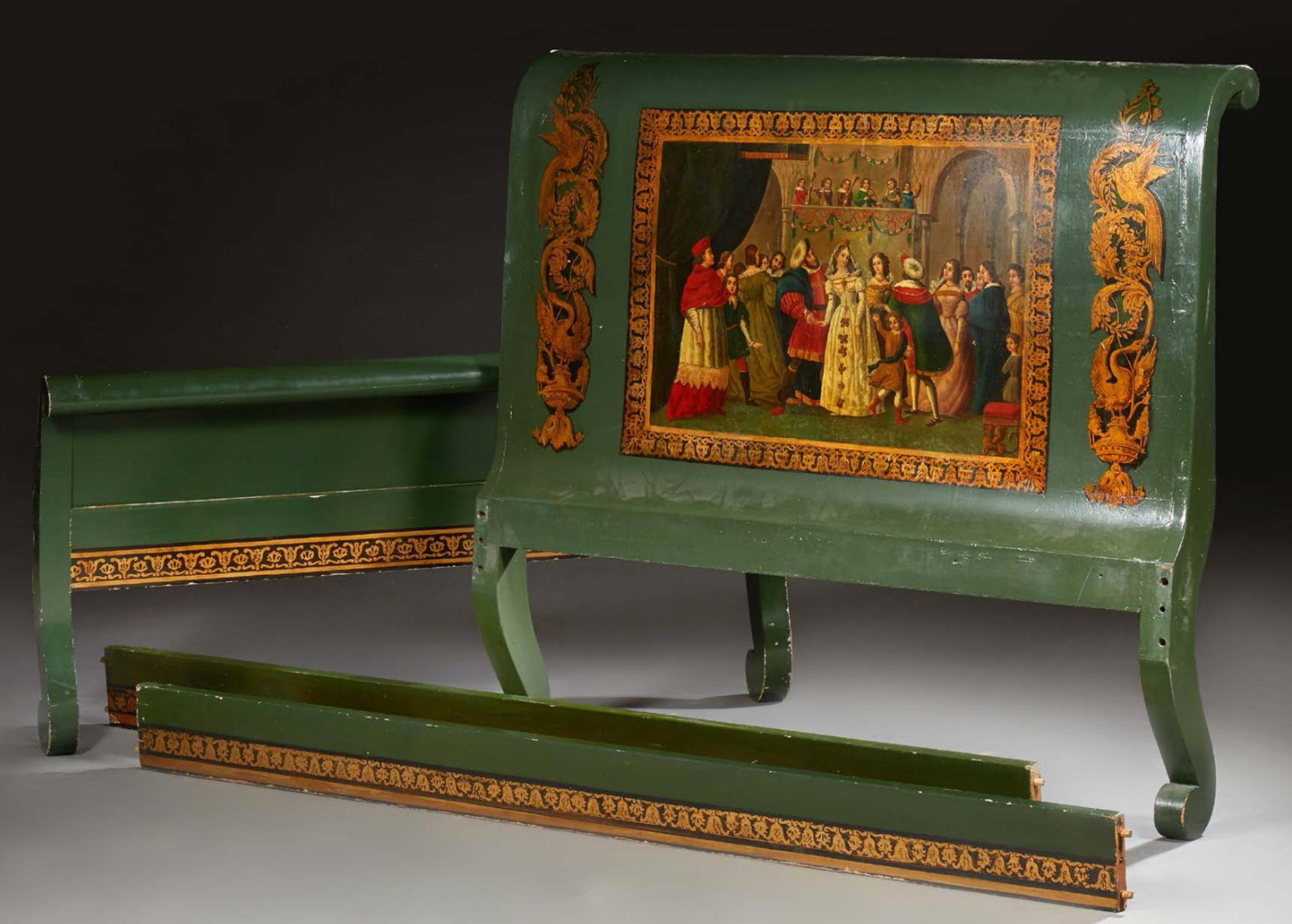 19th century bedside bed head decorated with a painting representing a wedding in the taste of Renaissance standing out in a green background.
Dimensions: 122 x 200.5 x 128 cm.