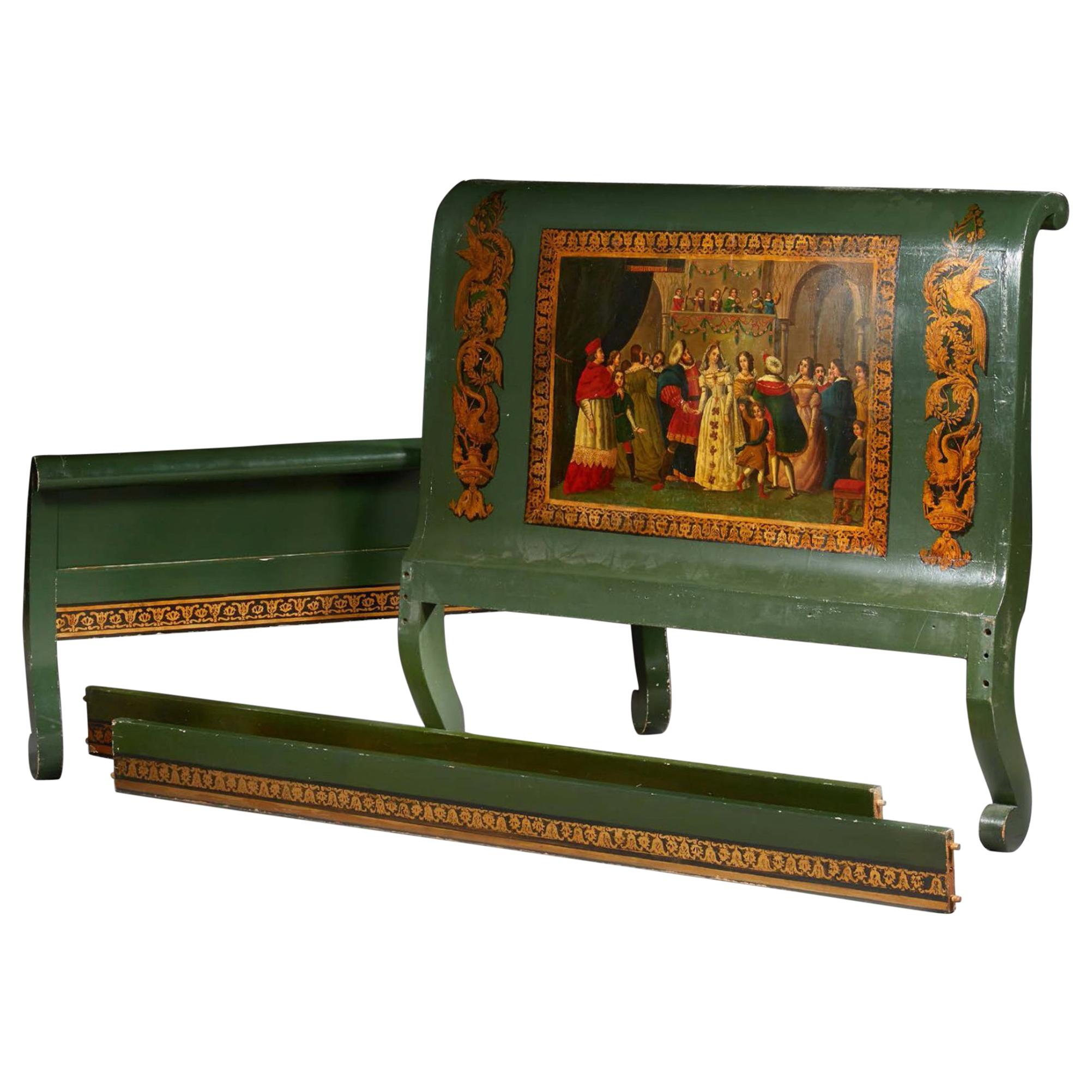 Cadre de lit du 19e siècle peint à la main en vert foncé dans le style de la Renaissance