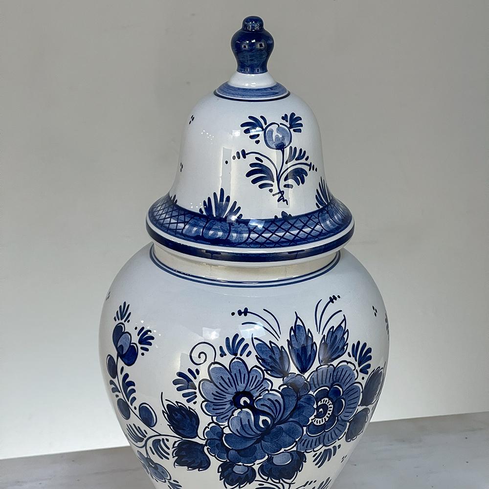 Dutch 19th Century Hand-Painted Delft Blue & White Lidded Urn For Sale