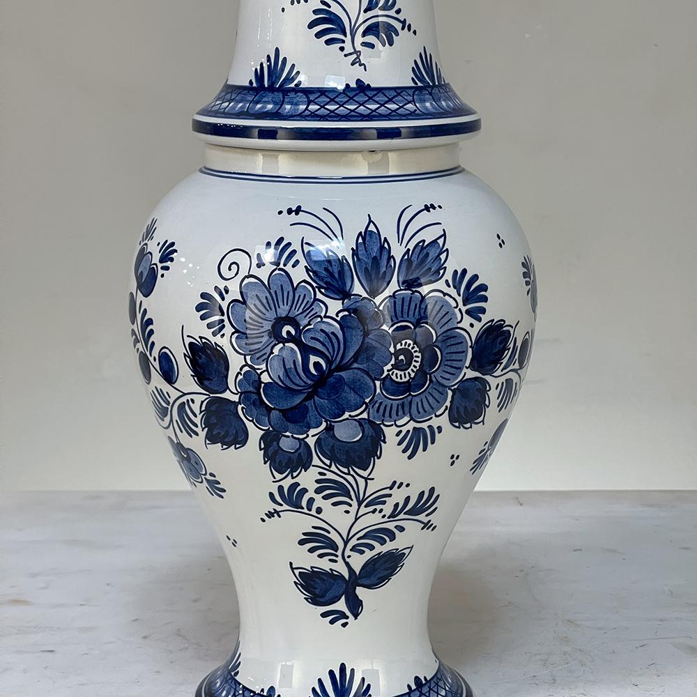 Porcelain 19th Century Hand-Painted Delft Blue & White Lidded Urn For Sale