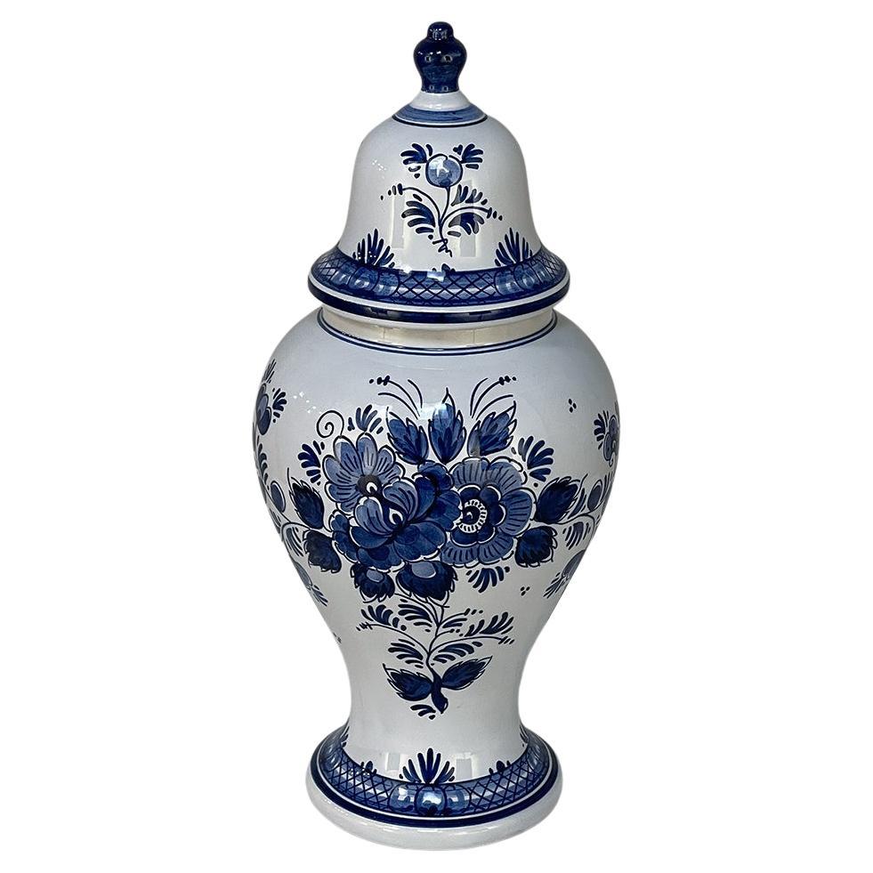 19th Century Hand-Painted Delft Blue & White Lidded Urn For Sale