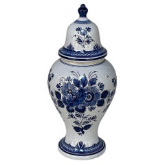 19th Century Hand-Painted Delft Blue & White Lidded Urn