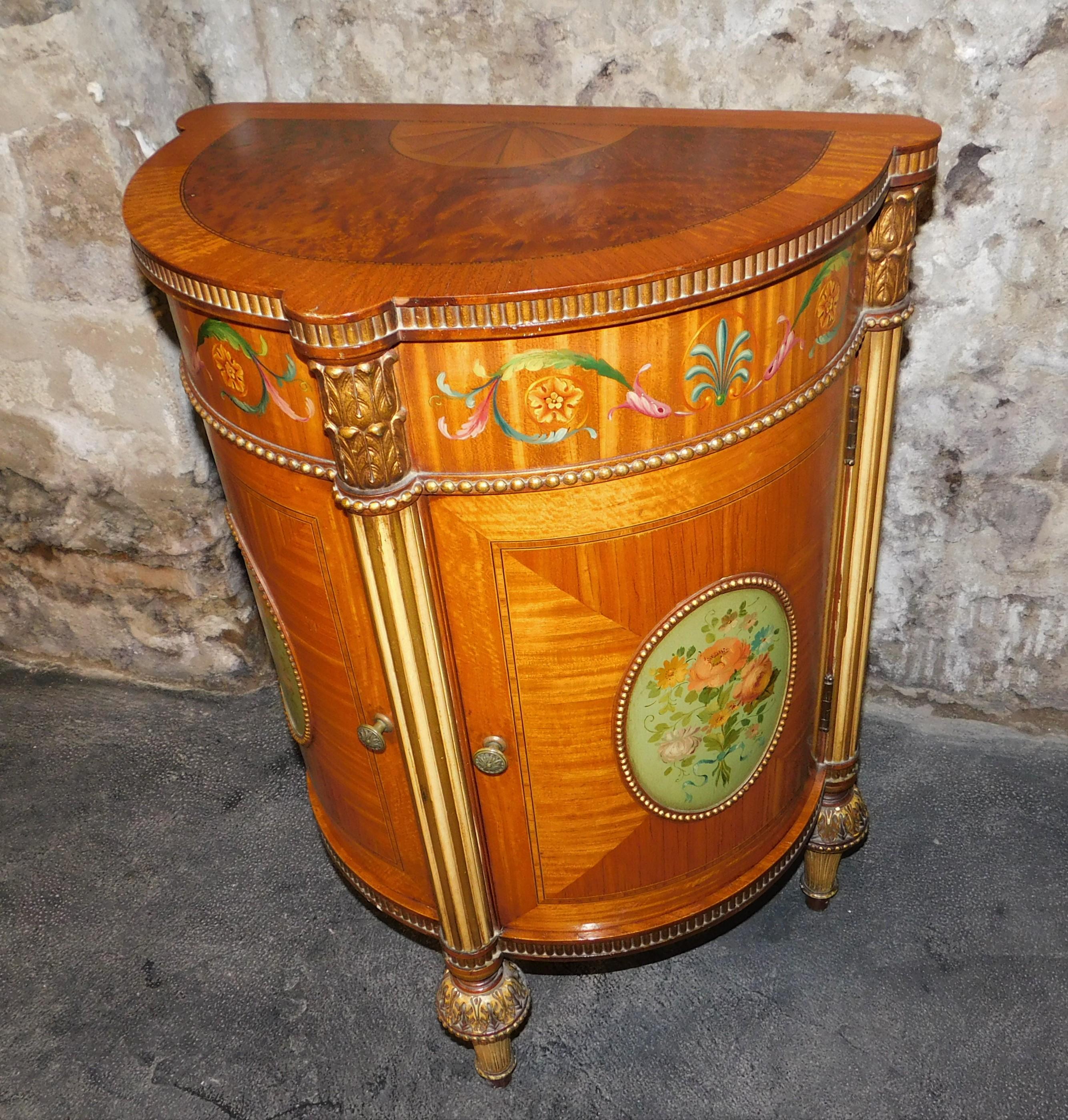 19th Century Hand Painted Demilune Side Cabinet Maple Burled Walnut Satinwood For Sale 4