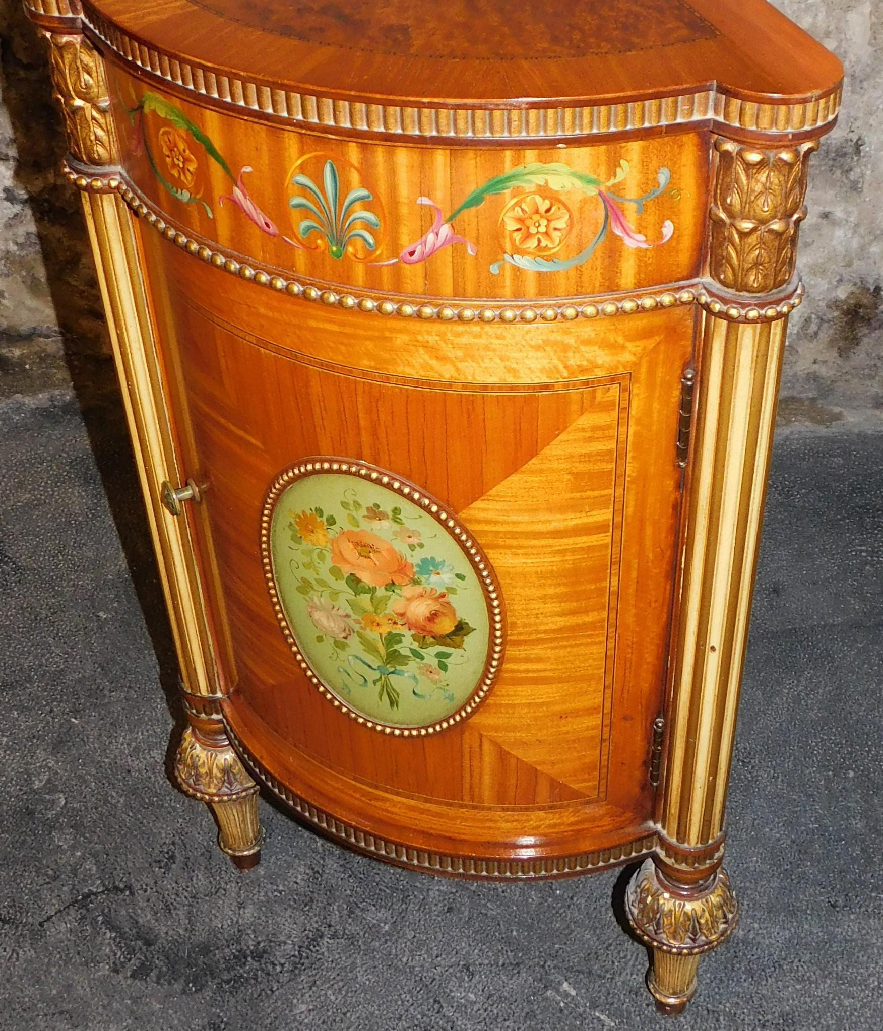 19th Century Hand Painted Demilune Side Cabinet Maple Burled Walnut Satinwood For Sale 5