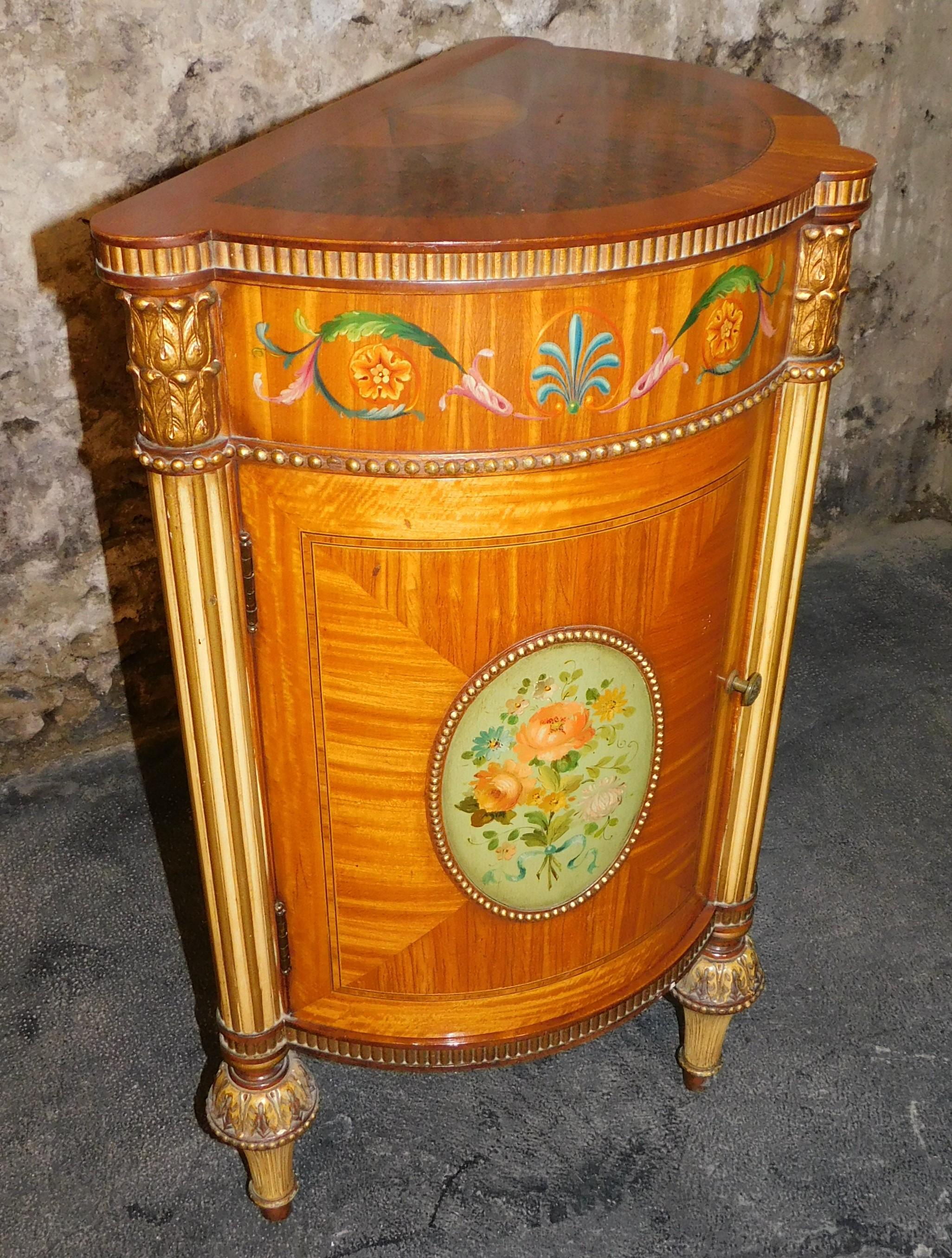 19th Century Hand Painted Demilune Side Cabinet Maple Burled Walnut Satinwood For Sale 7