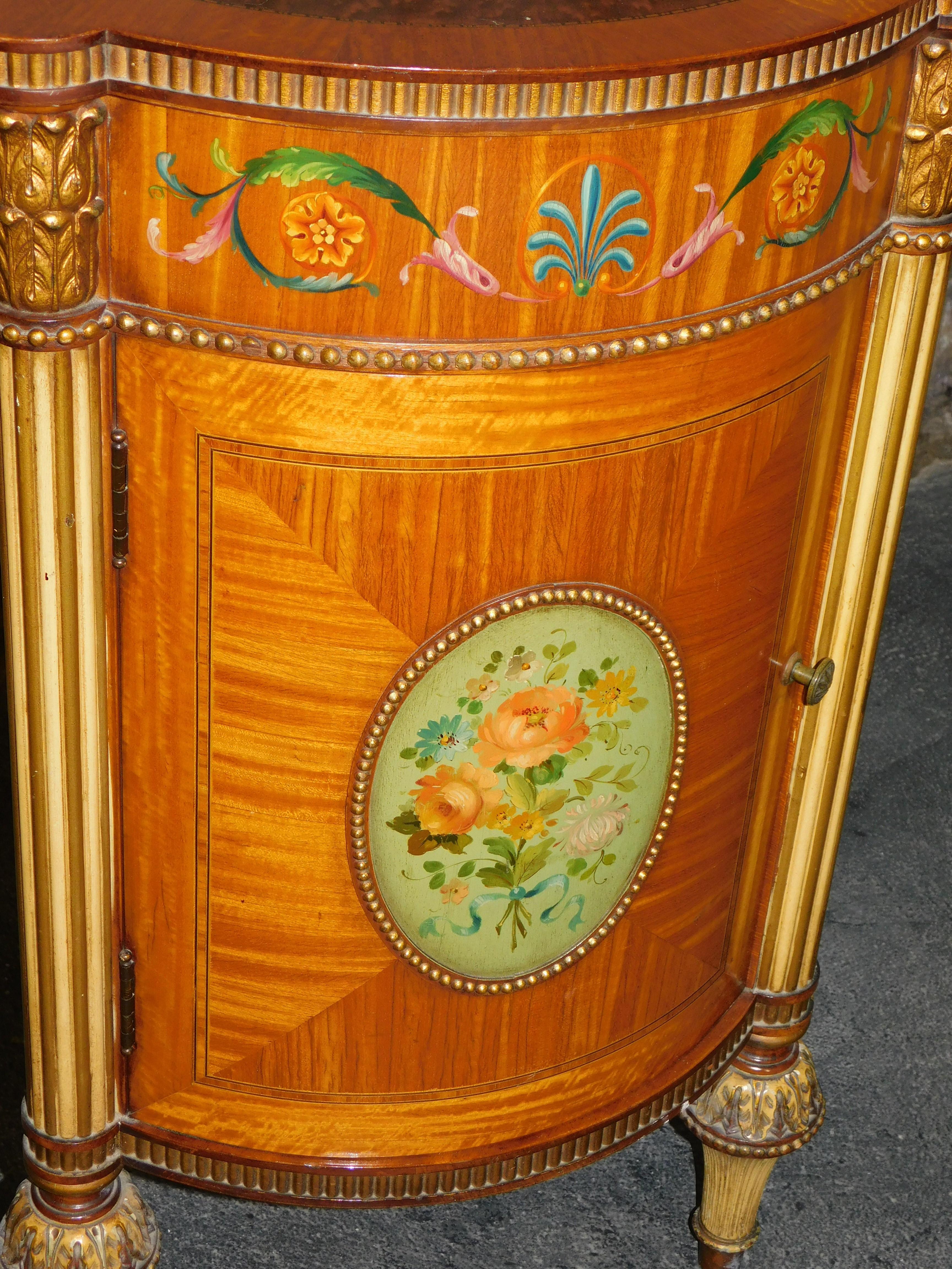 19th Century Hand Painted Demilune Side Cabinet Maple Burled Walnut Satinwood For Sale 8