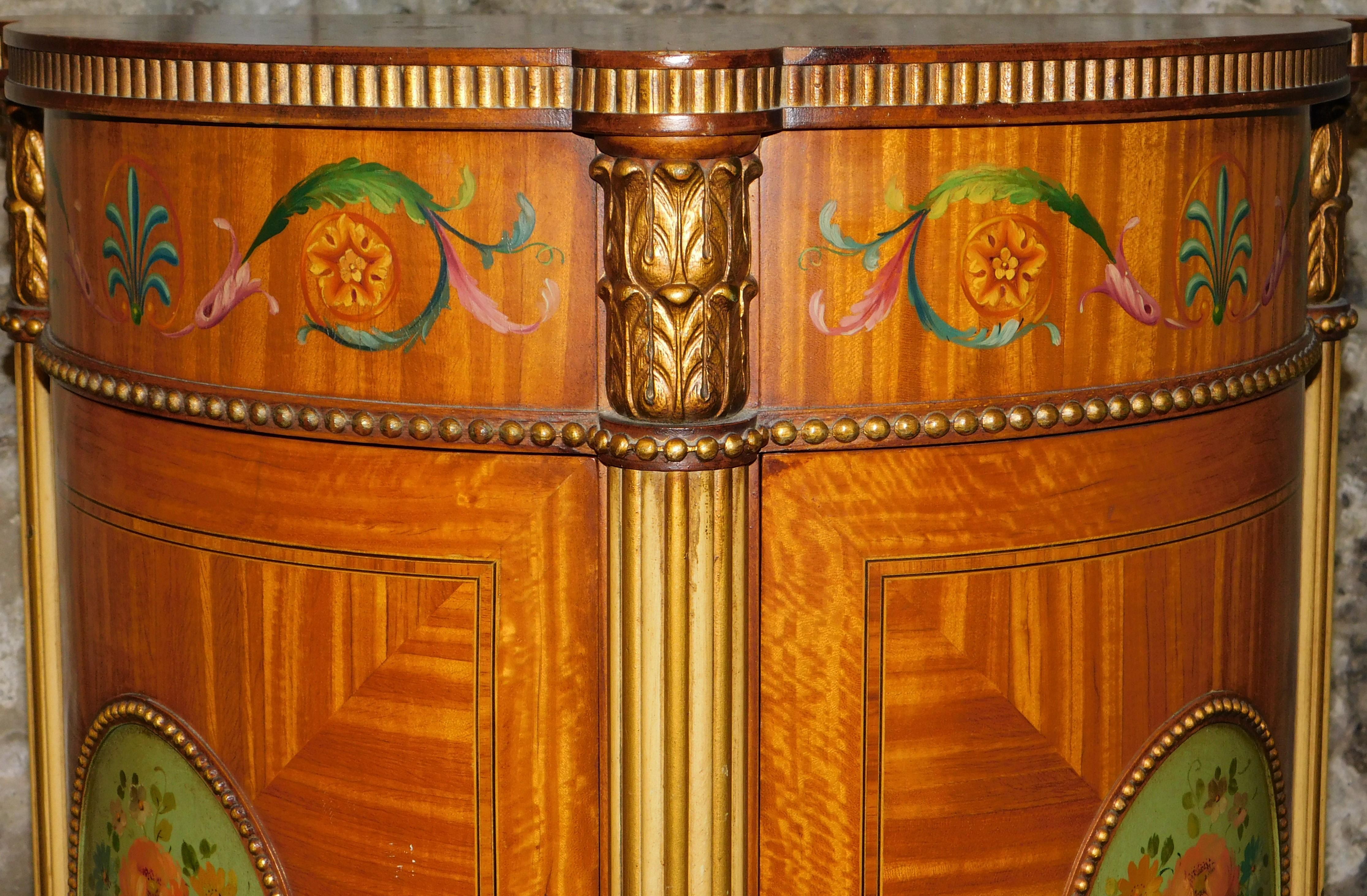 19th Century Hand Painted Demilune Side Cabinet Maple Burled Walnut Satinwood In Good Condition For Sale In Hamilton, Ontario