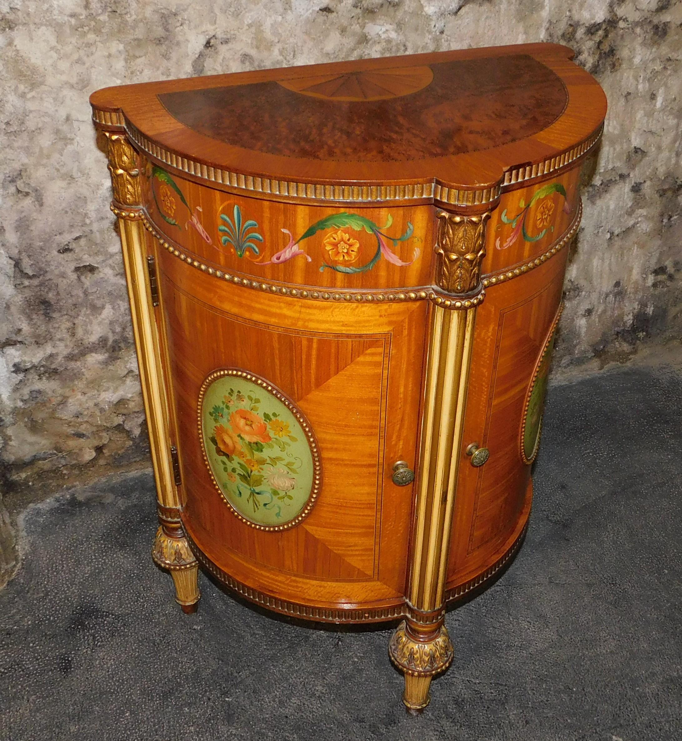 19th Century Hand Painted Demilune Side Cabinet Maple Burled Walnut Satinwood For Sale 1