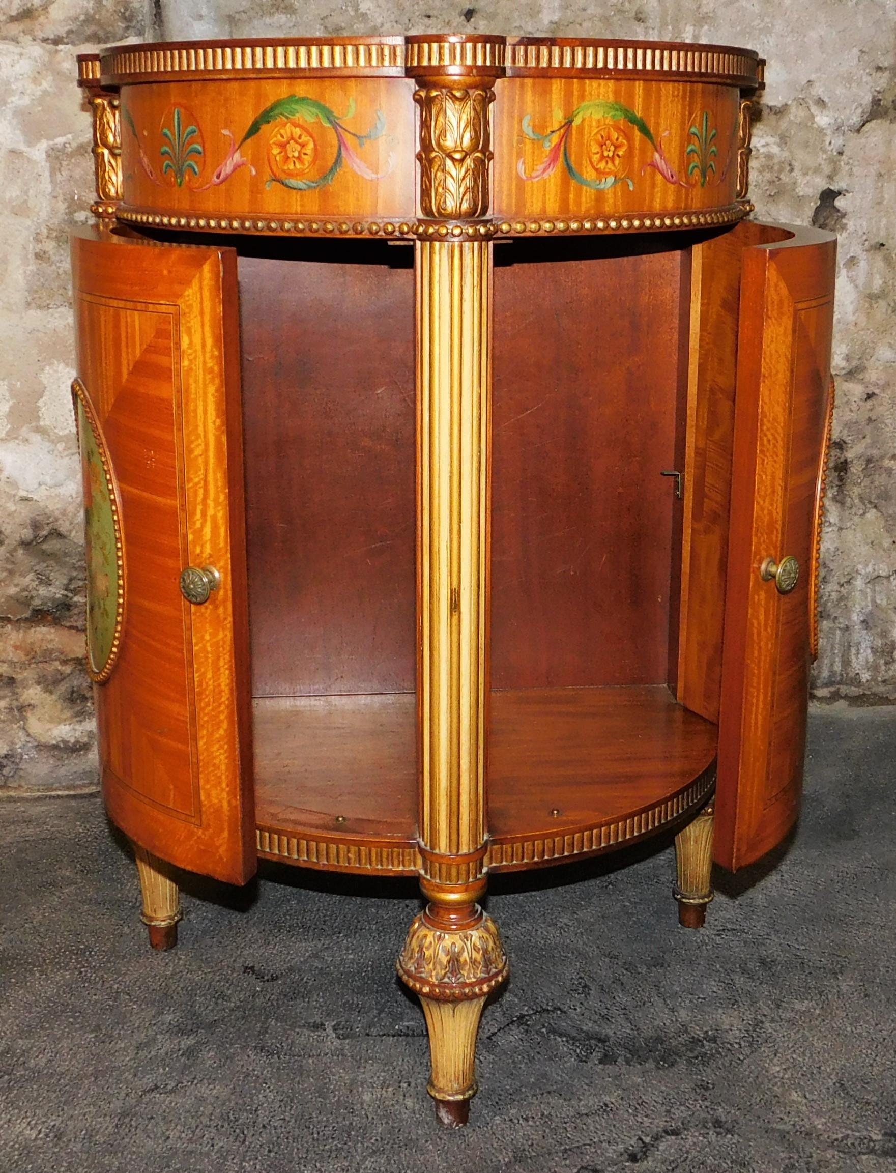 19th Century Hand Painted Demilune Side Cabinet Maple Burled Walnut Satinwood For Sale 2