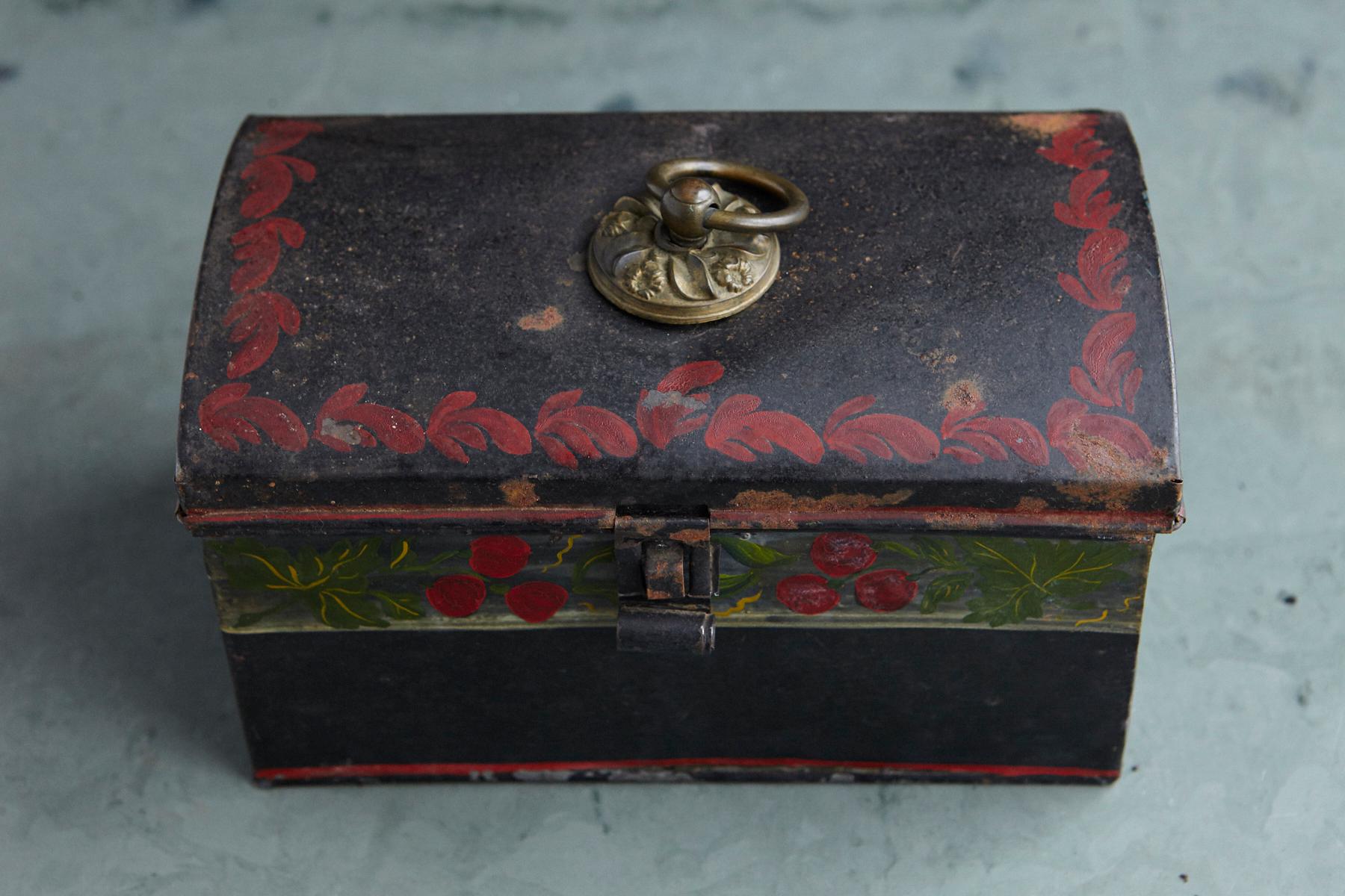 Folk Art 19th Century Hand Painted Dome Top Tole Document or Deed Box For Sale
