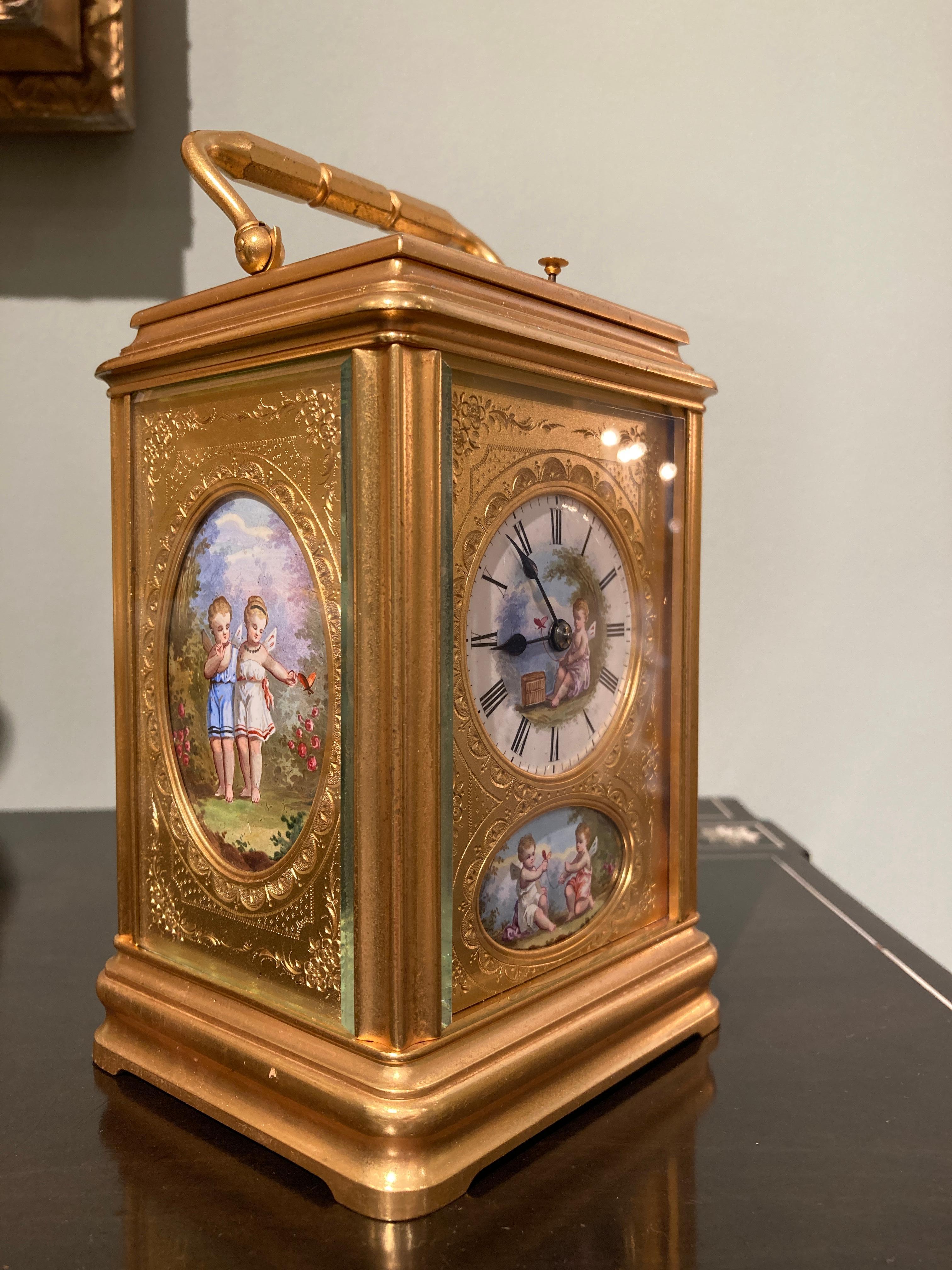 French 19th Century Hand Painted, Engraved and Gilt Brass Carriage Clock For Sale
