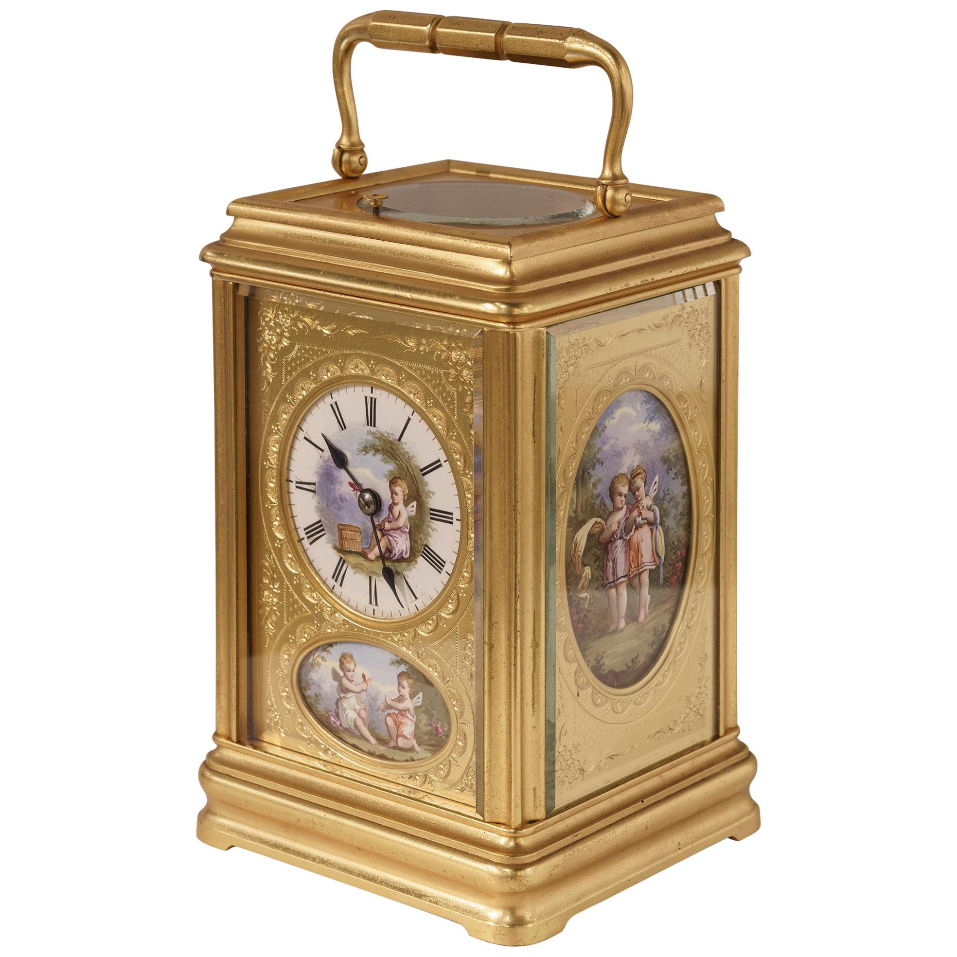 19th Century Hand Painted, Engraved and Gilt Brass Carriage Clock
