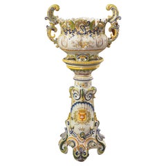 Antique 19th Century Hand Painted Faience Jardiniere on Pedestal from Boulogne, France