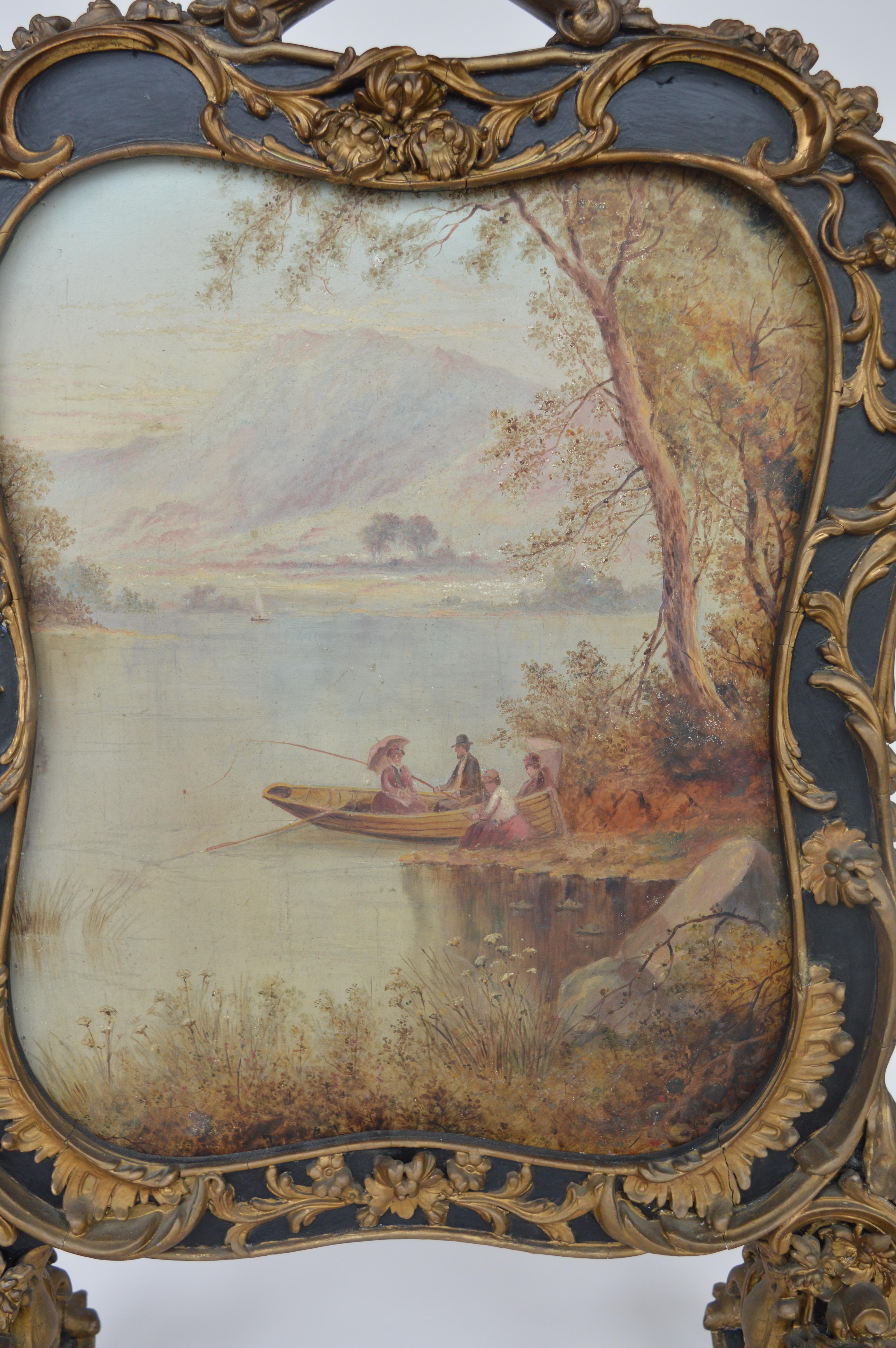 19th century hand painted fire screen. Oil paint on board. Flowers and lakescape on each side.