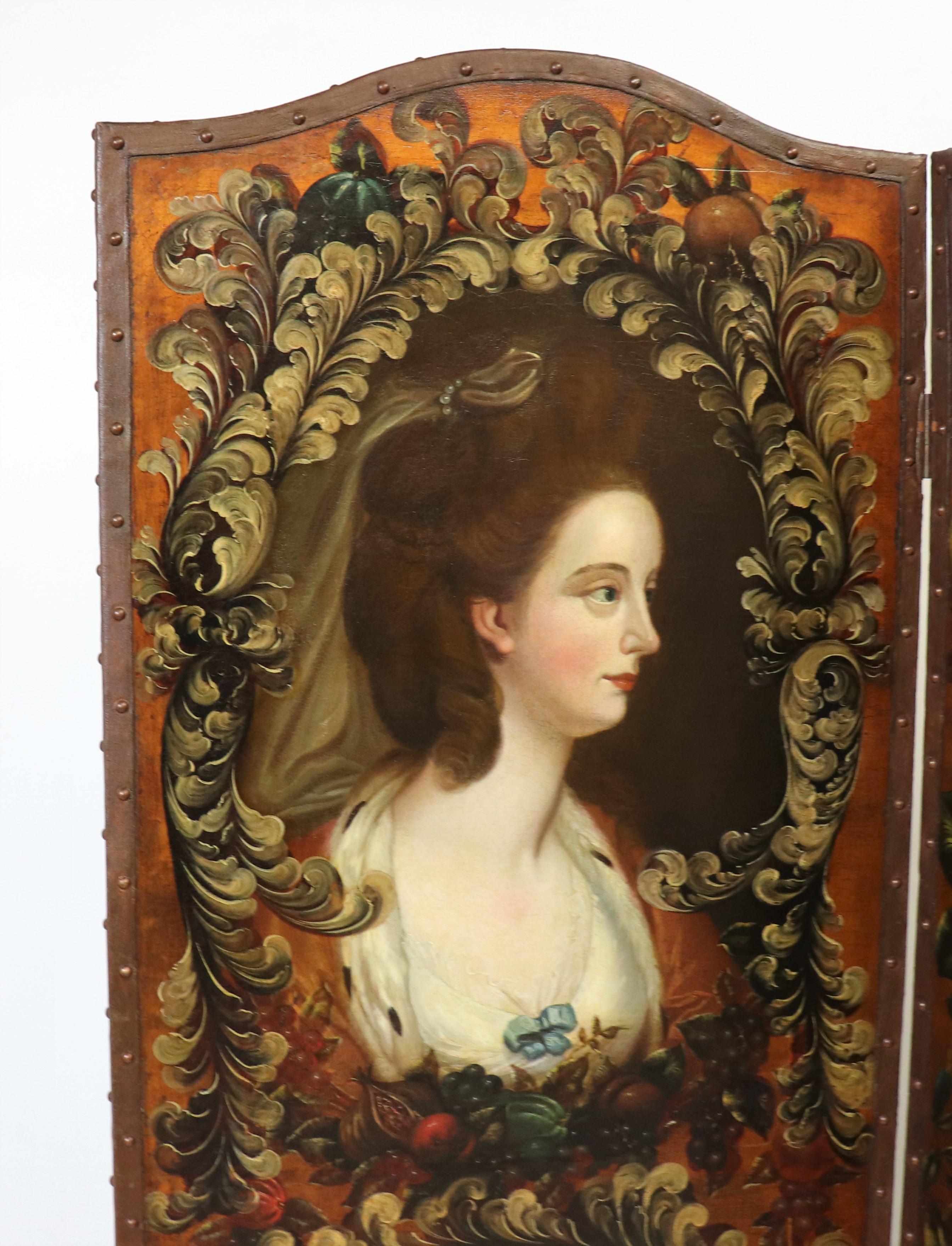 This is a rich-looking 19th-century hand-painted floor screen with a portrait gallery. The materials make it 19th-century, but the subjects are dressed in 18th-century attire. We are not certain if the portrait gallery started as a screen or was
