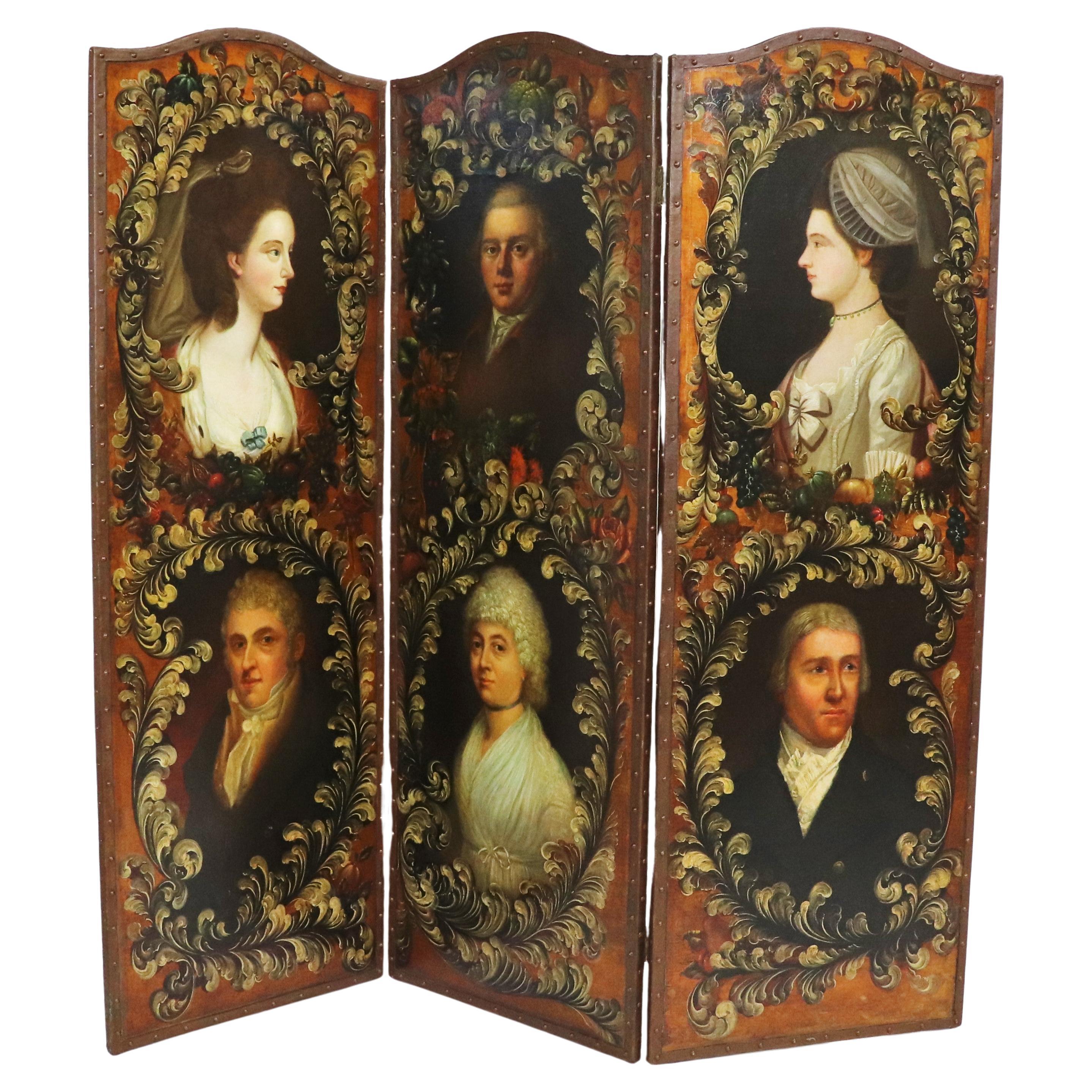19th Century Hand Painted Floor Screen with Six Portraits For Sale