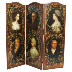 Antique 19th Century Hand Painted Floor Screen with Six Portraits