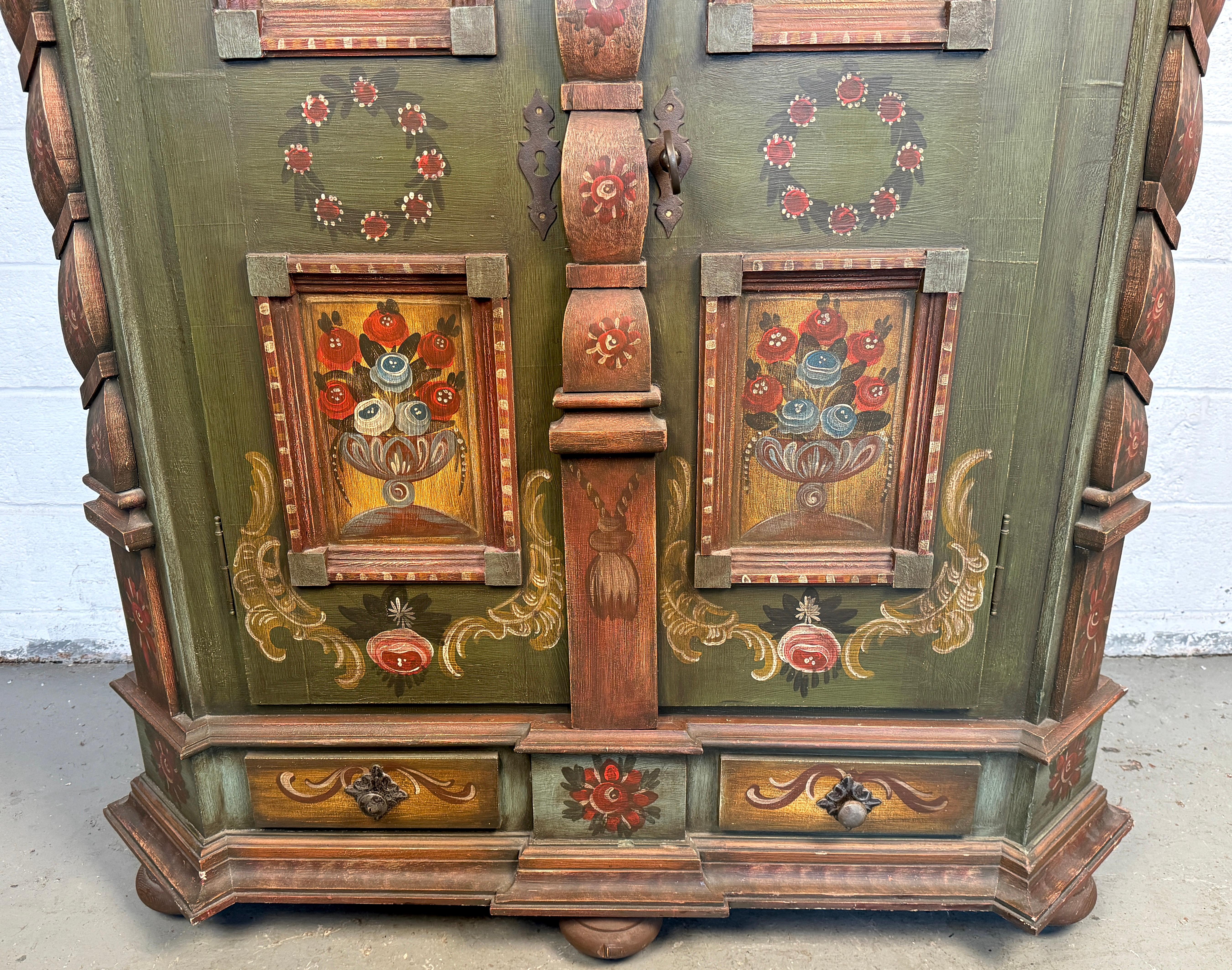 Wood 19th Century Hand-Painted Floral Wardrobe