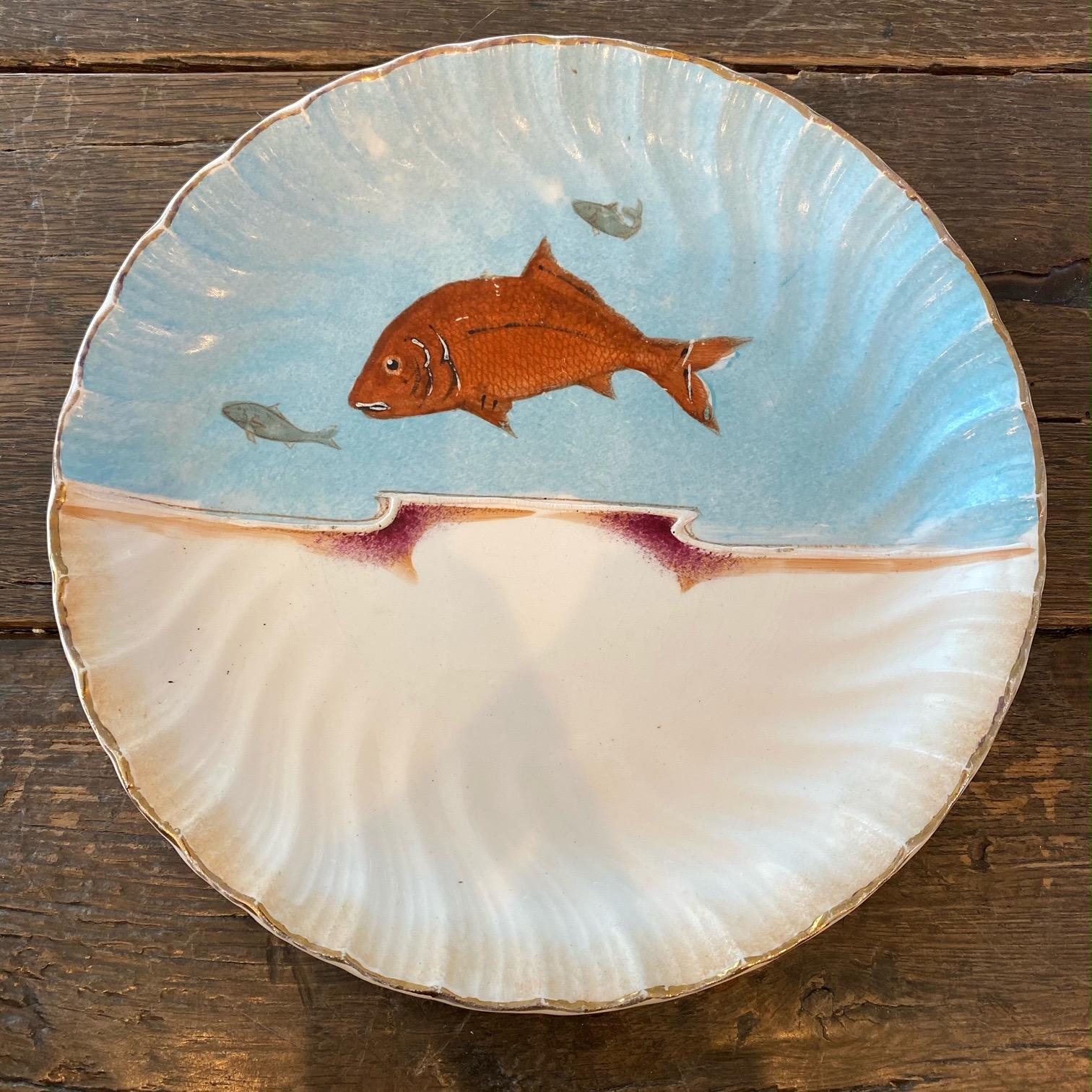 19th Century Hand Painted Franz Mehlem Signed Porcelain Fish Platter & 10 Plates For Sale 8