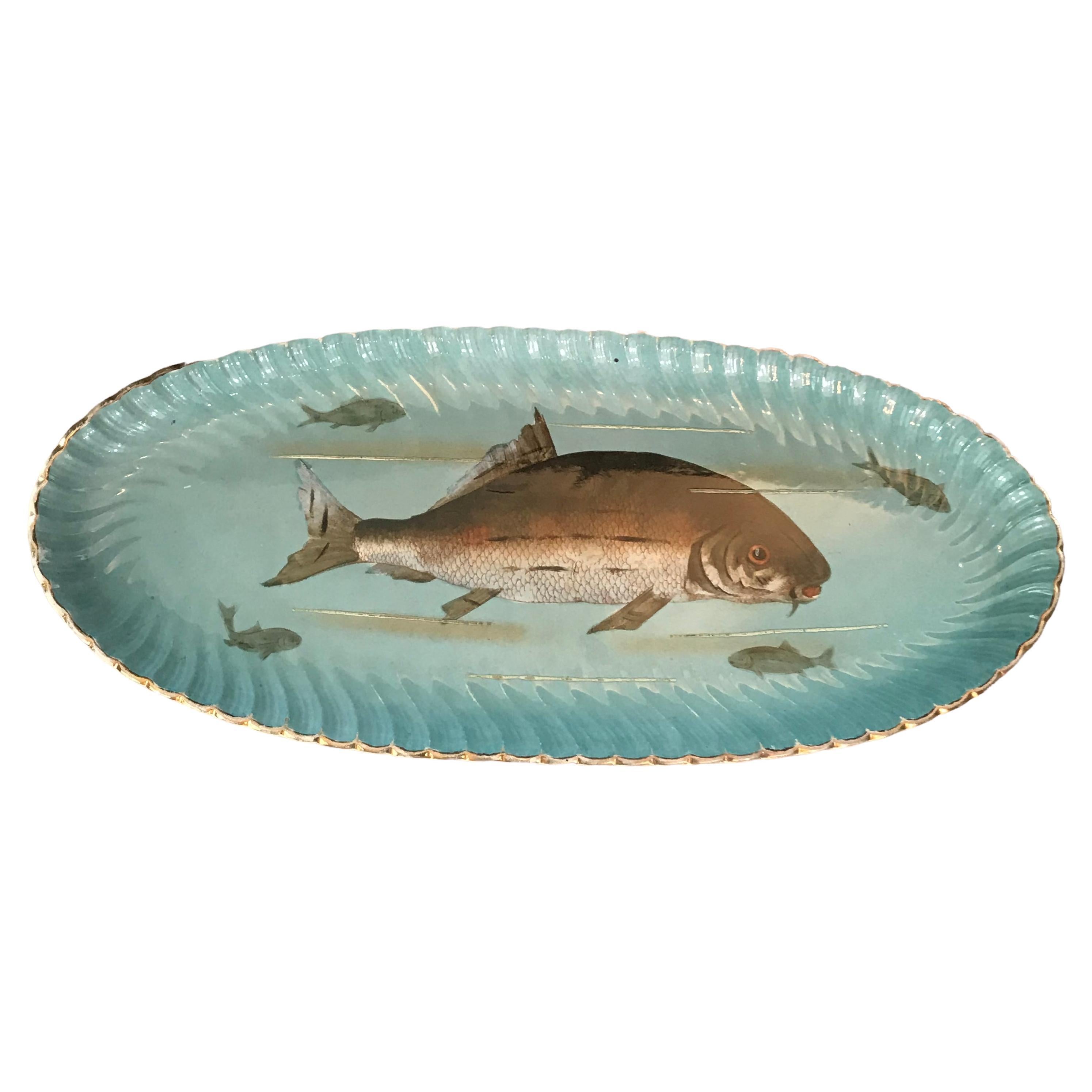 Signed and hand crafted stunning Fish Platter with 10 matching plates, all hand painted in beautiful colors Handmade by Franz Anton Mehlem, a German pottery manufacturer. Mehlem produced in Bonn/Germany pottery from 1838 until 1931. Signed and