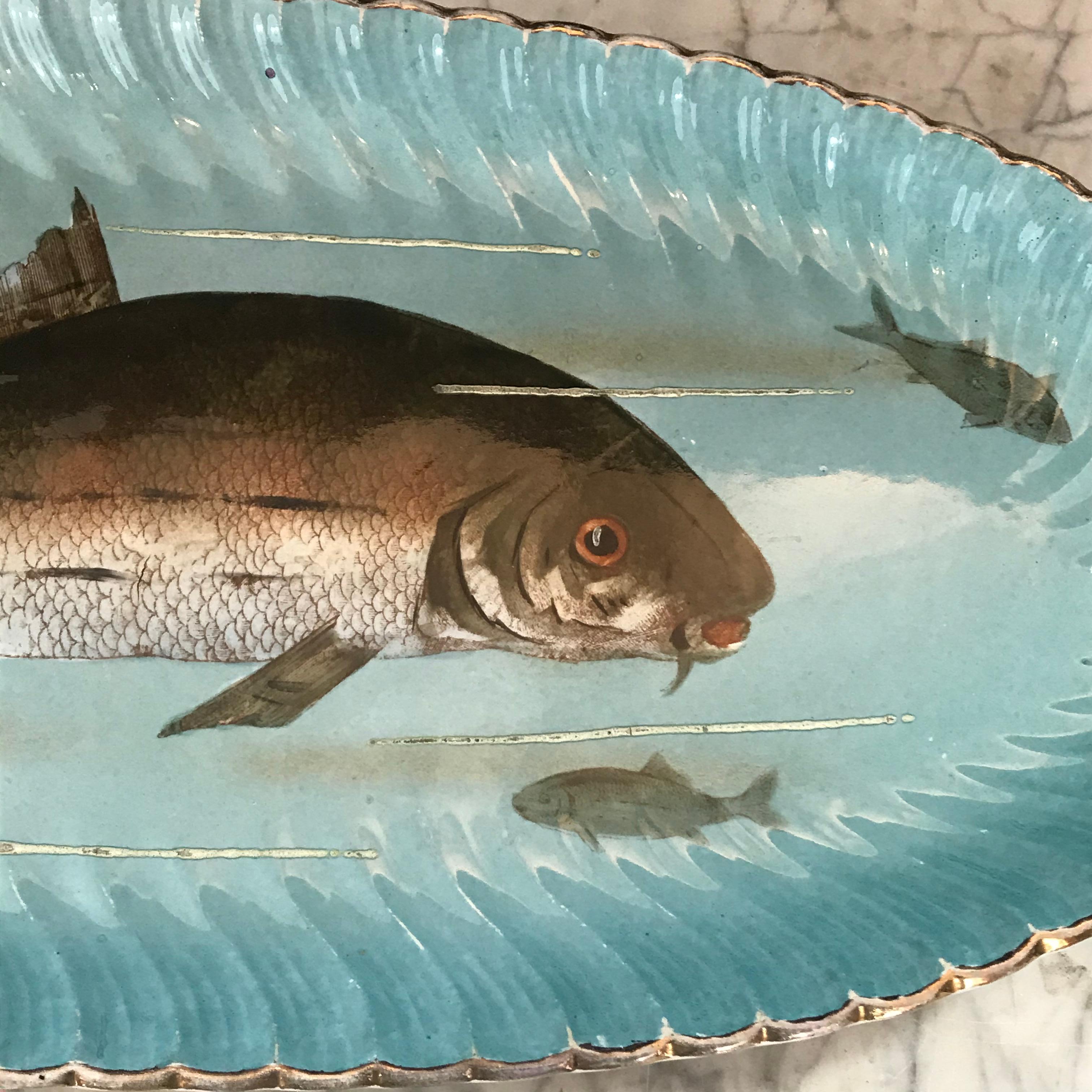 19th Century Hand Painted Franz Mehlem Signed Porcelain Fish Platter & 10 Plates In Good Condition For Sale In Hopewell, NJ