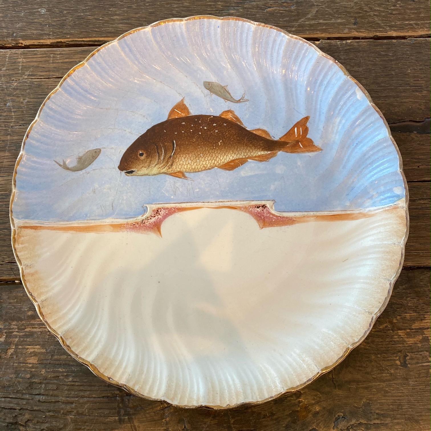 Mid-19th Century 19th Century Hand Painted Franz Mehlem Signed Porcelain Fish Platter & 10 Plates For Sale